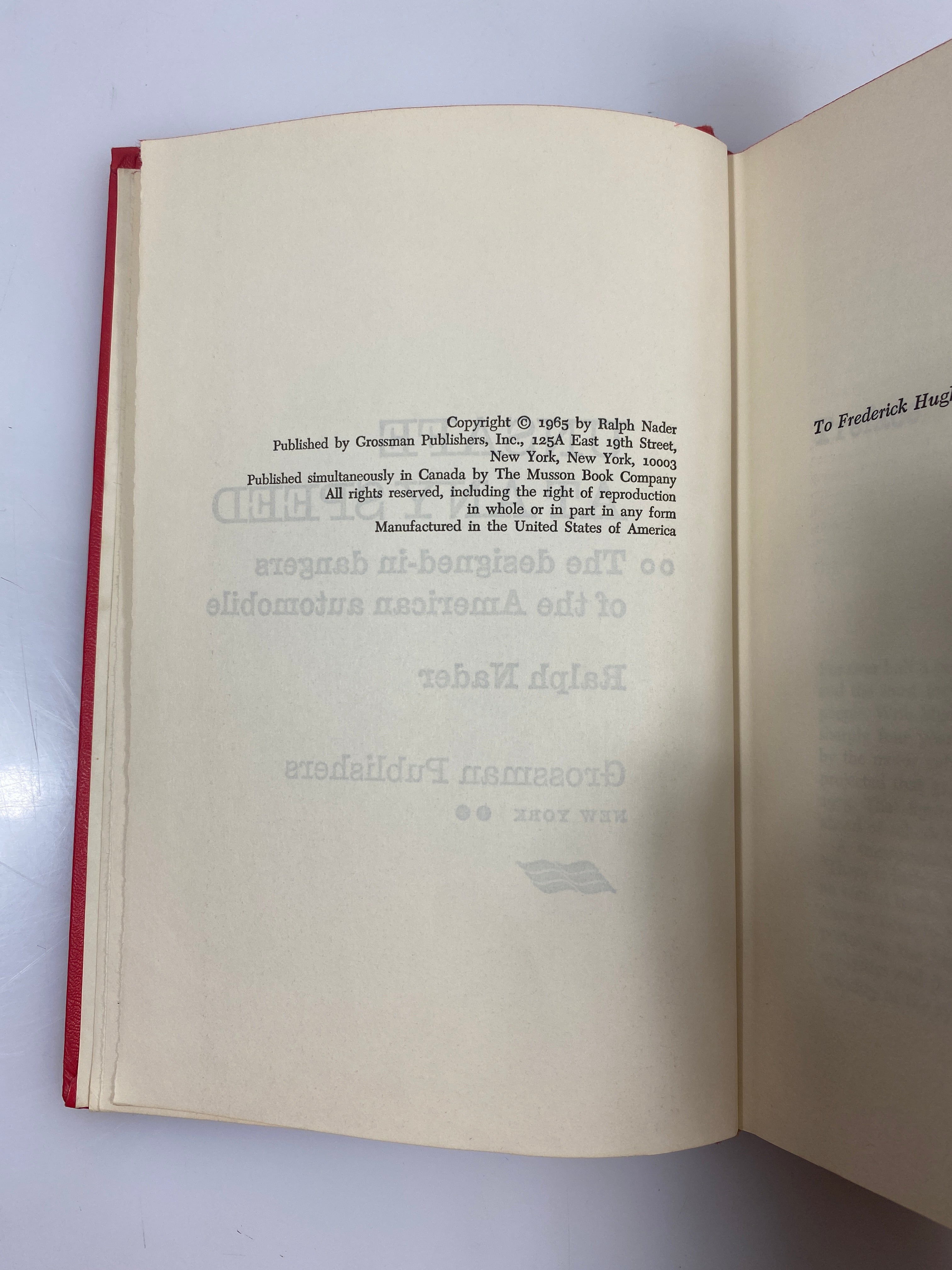 Unsafe At Any Speed by Ralph Nader Grossman Publishers 1965 HC
