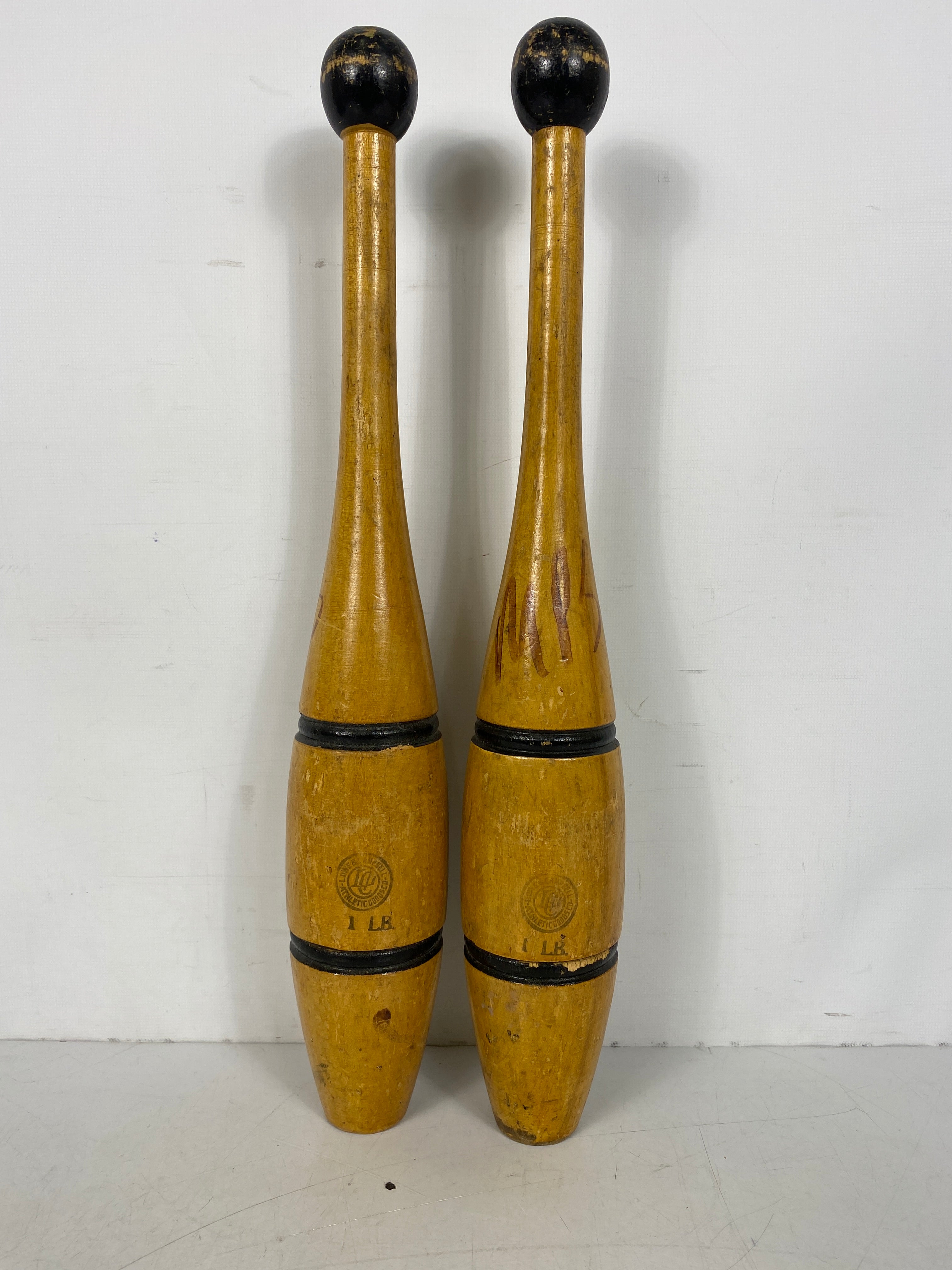 Pair of Antique Lowe & Campbell Athletic Goods 1 LB Wooden Juggling Pins 16.75"