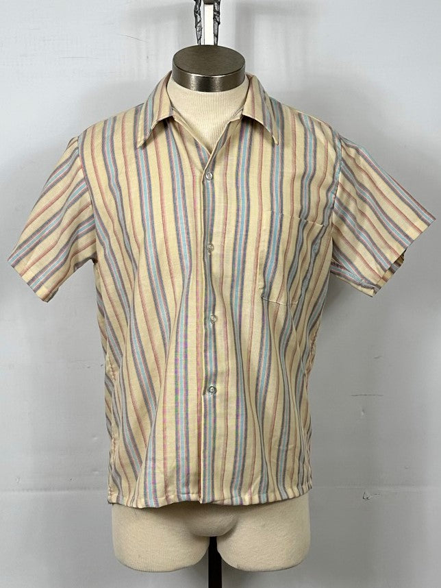 Sir Walter Vintage Tan and Striped Short Sleeve Button-Up Shirt Men's Size Medium