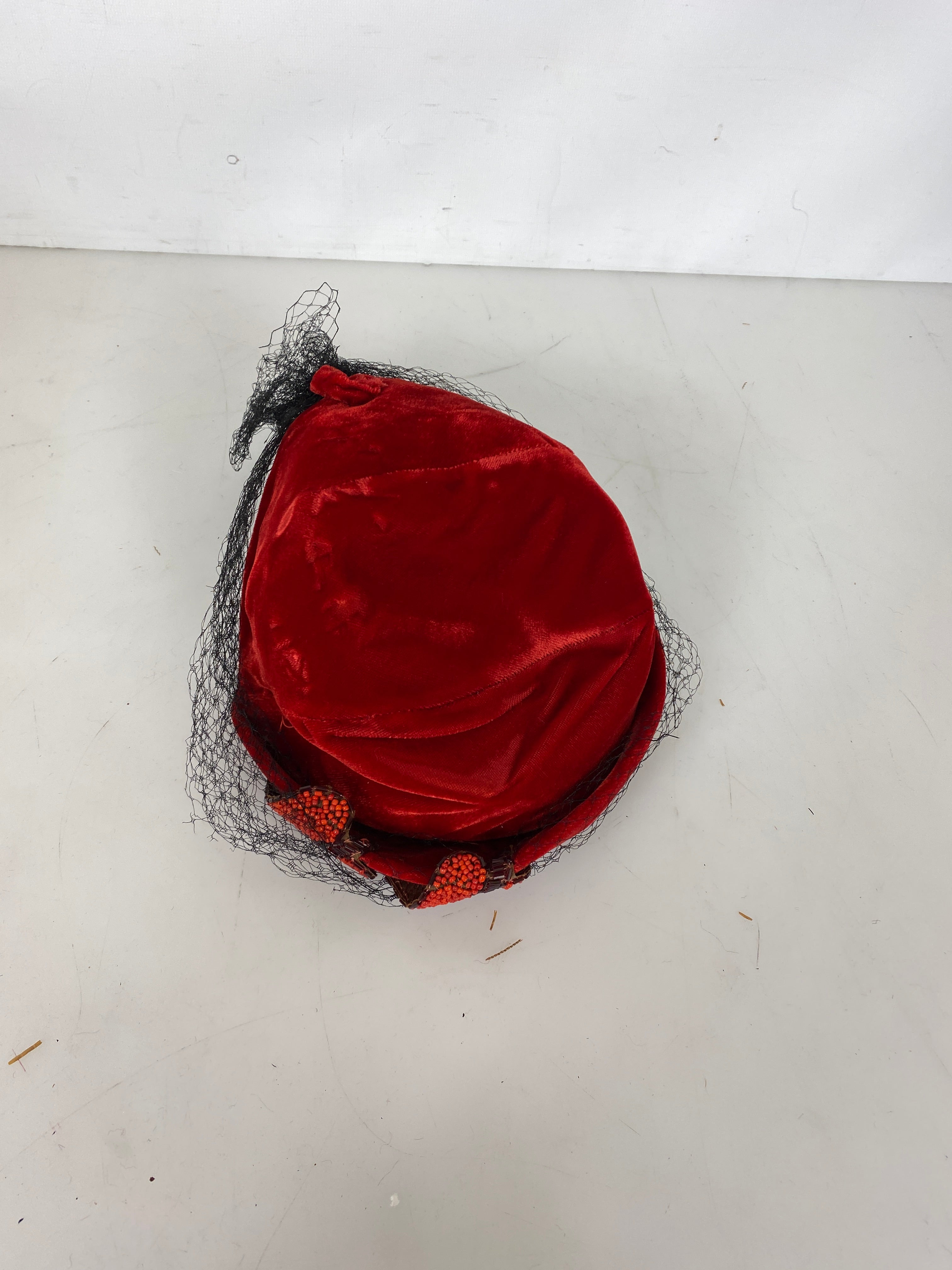 Vintage 1950's Red Velvet Pill Box Women's Hat with Black Lace and Beadwork