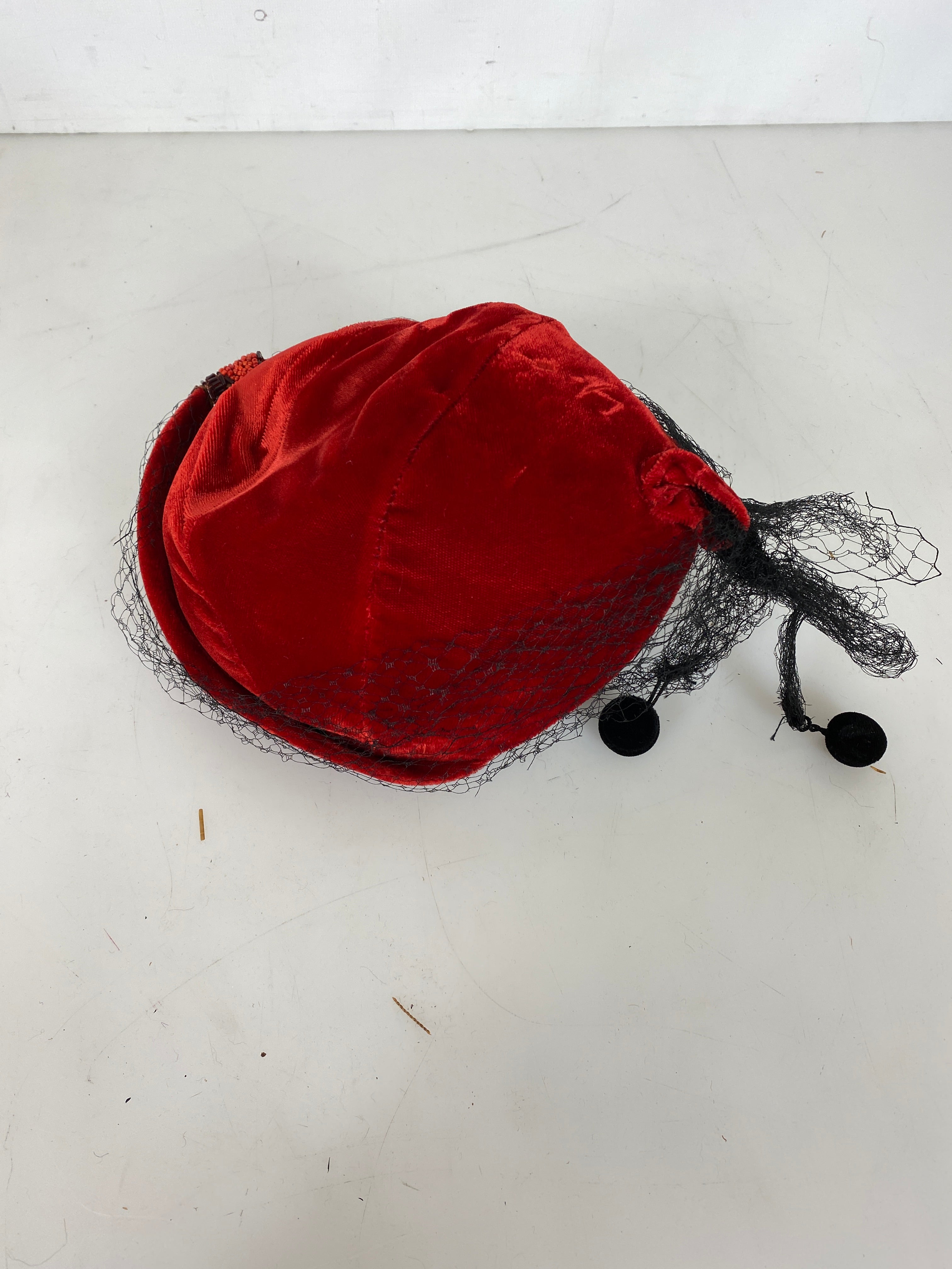 Vintage 1950's Red Velvet Pill Box Women's Hat with Black Lace and Beadwork