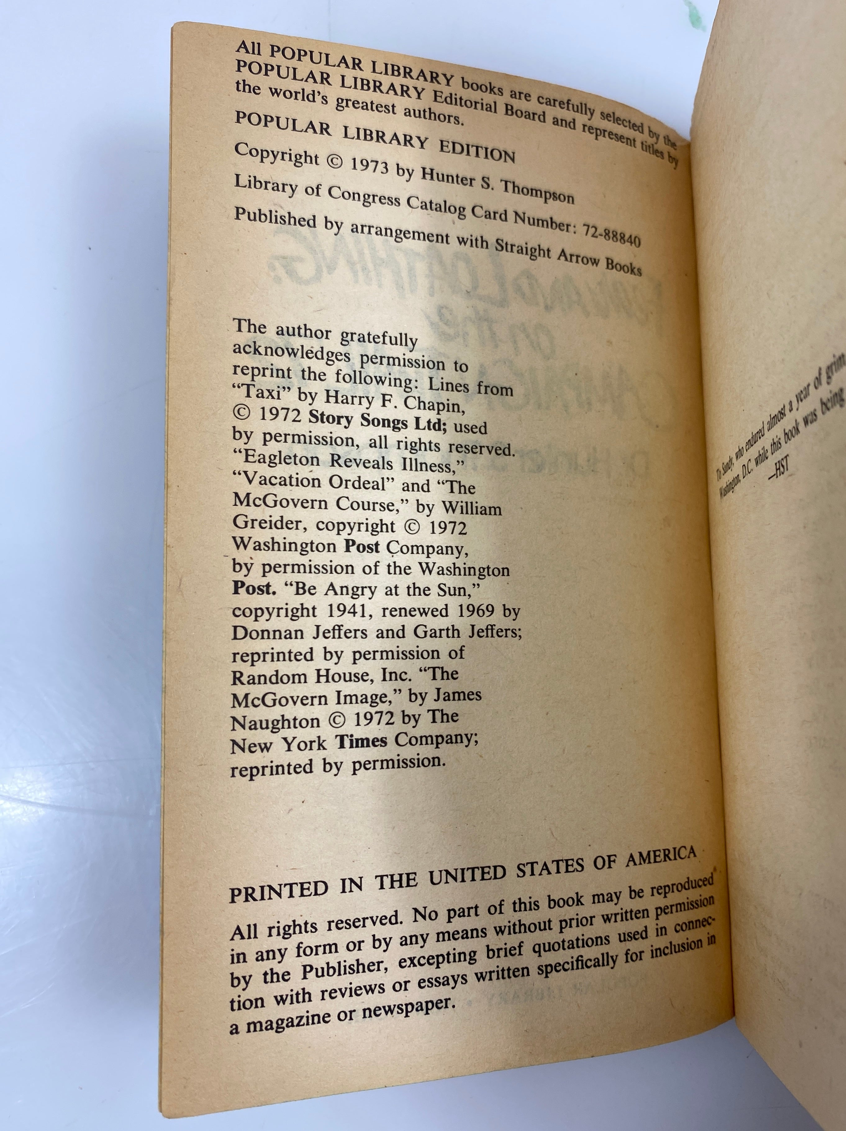 Fear and Loathing: on the Campaign Trail '72 by Thompson 1973 SC