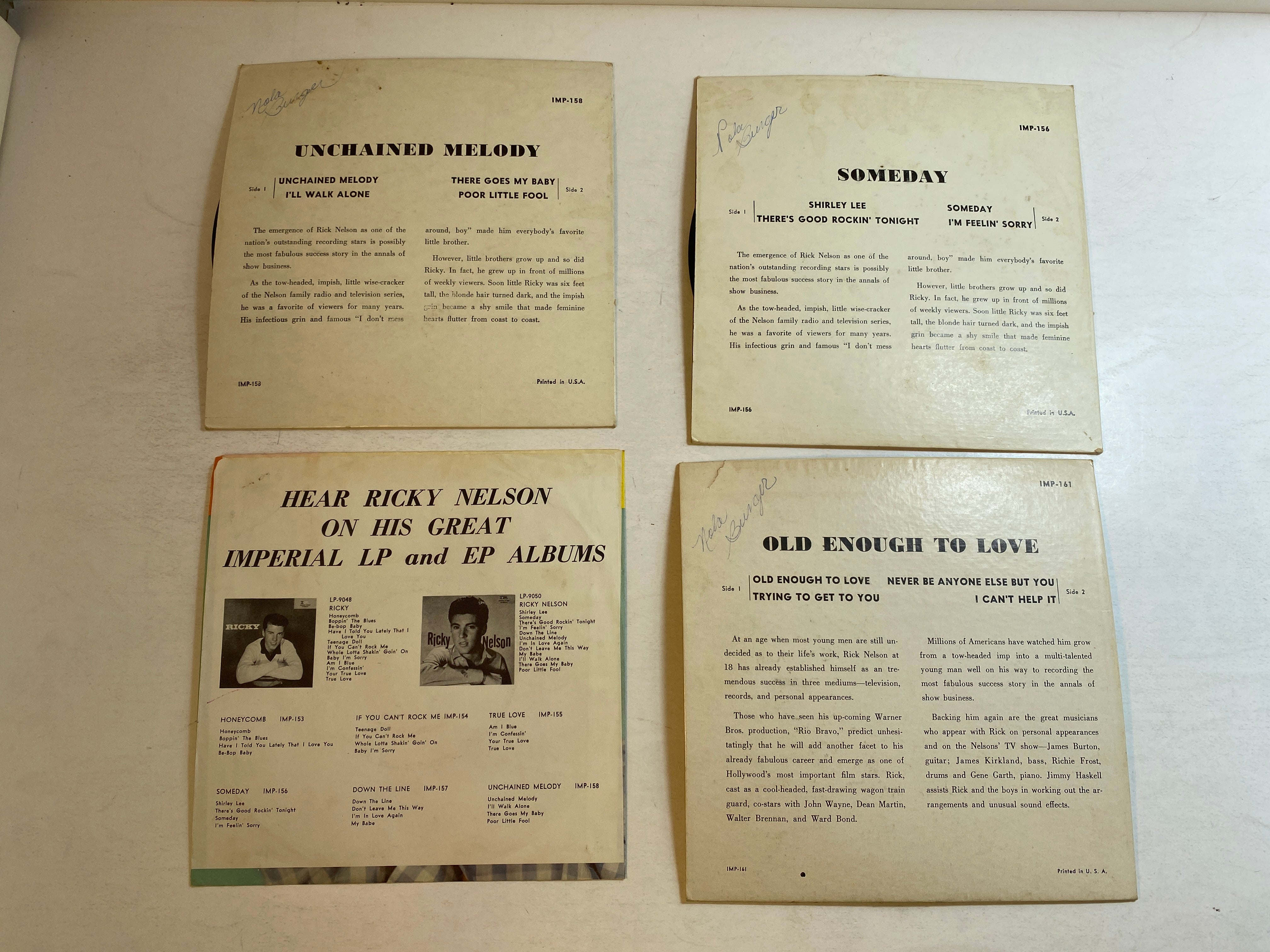 Lot of 4 Ricky Nelson 45 Records and Sleeves