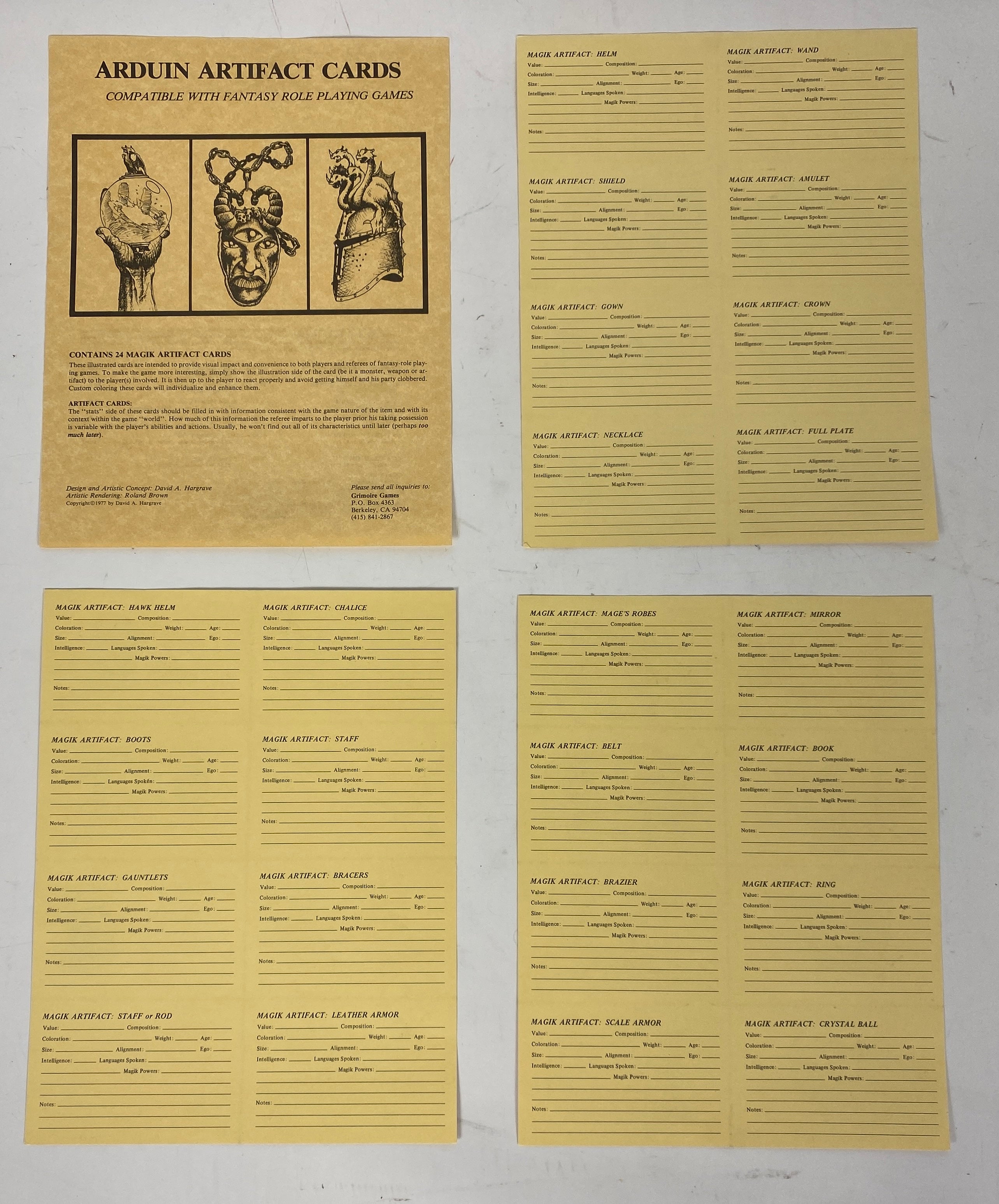 Arduin Artifact Cards Grimoire Games 1977