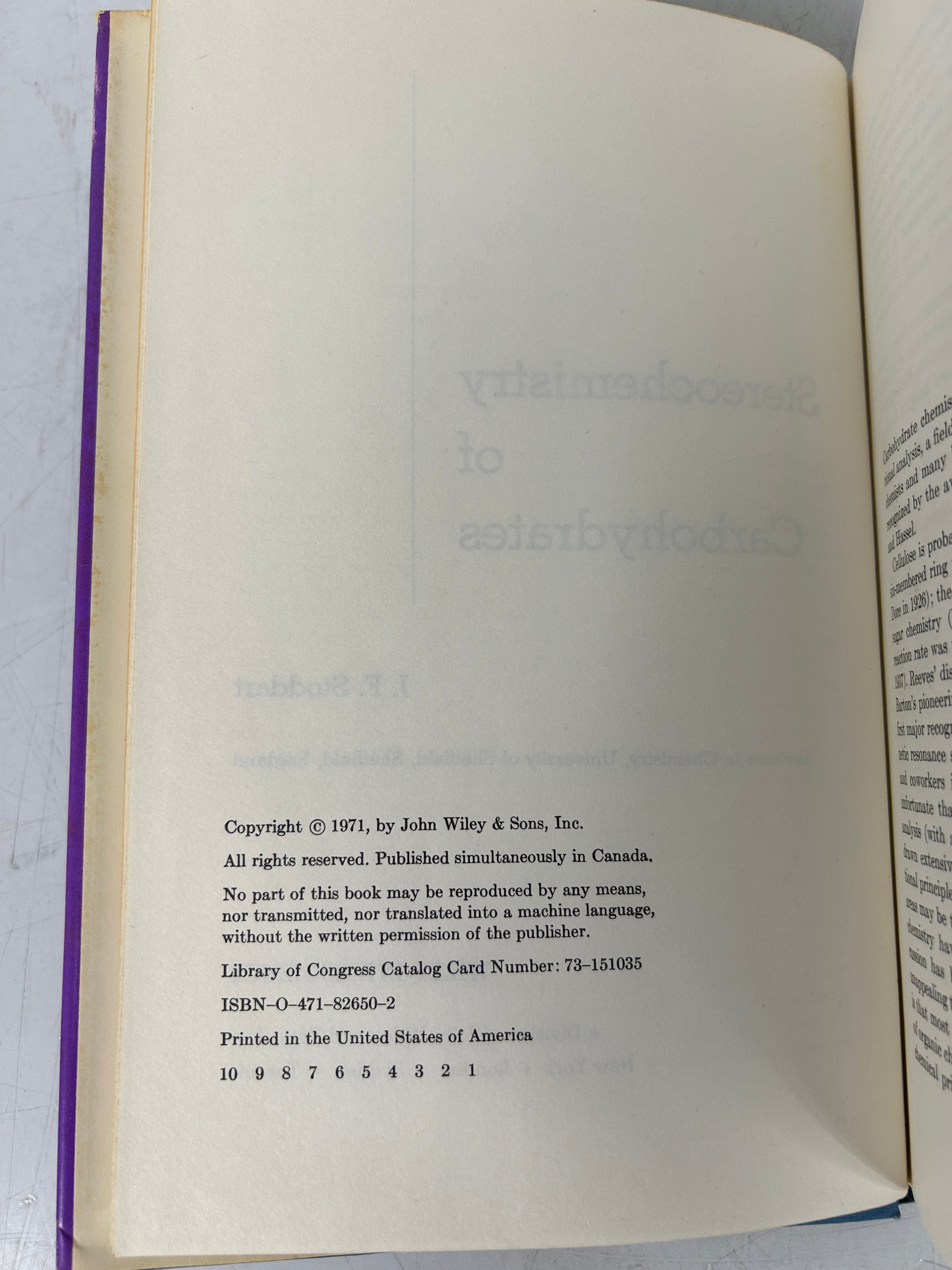 Stereochemistry of Carbohydrates by JF Stoddart 1971 First Edition HCDJ