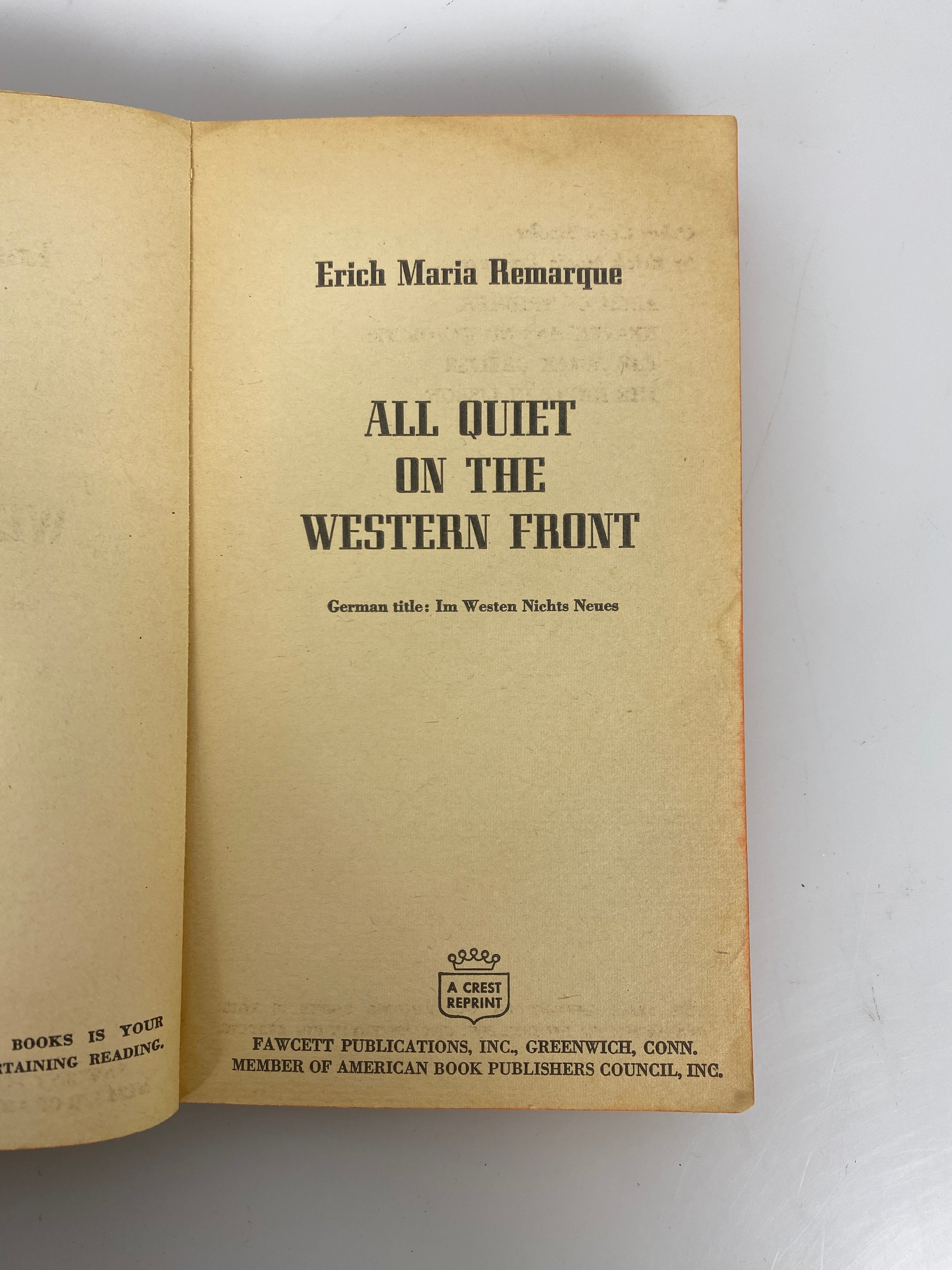 All Quiet on the Western Front by Remarque Fawcett Publications 1965 SC