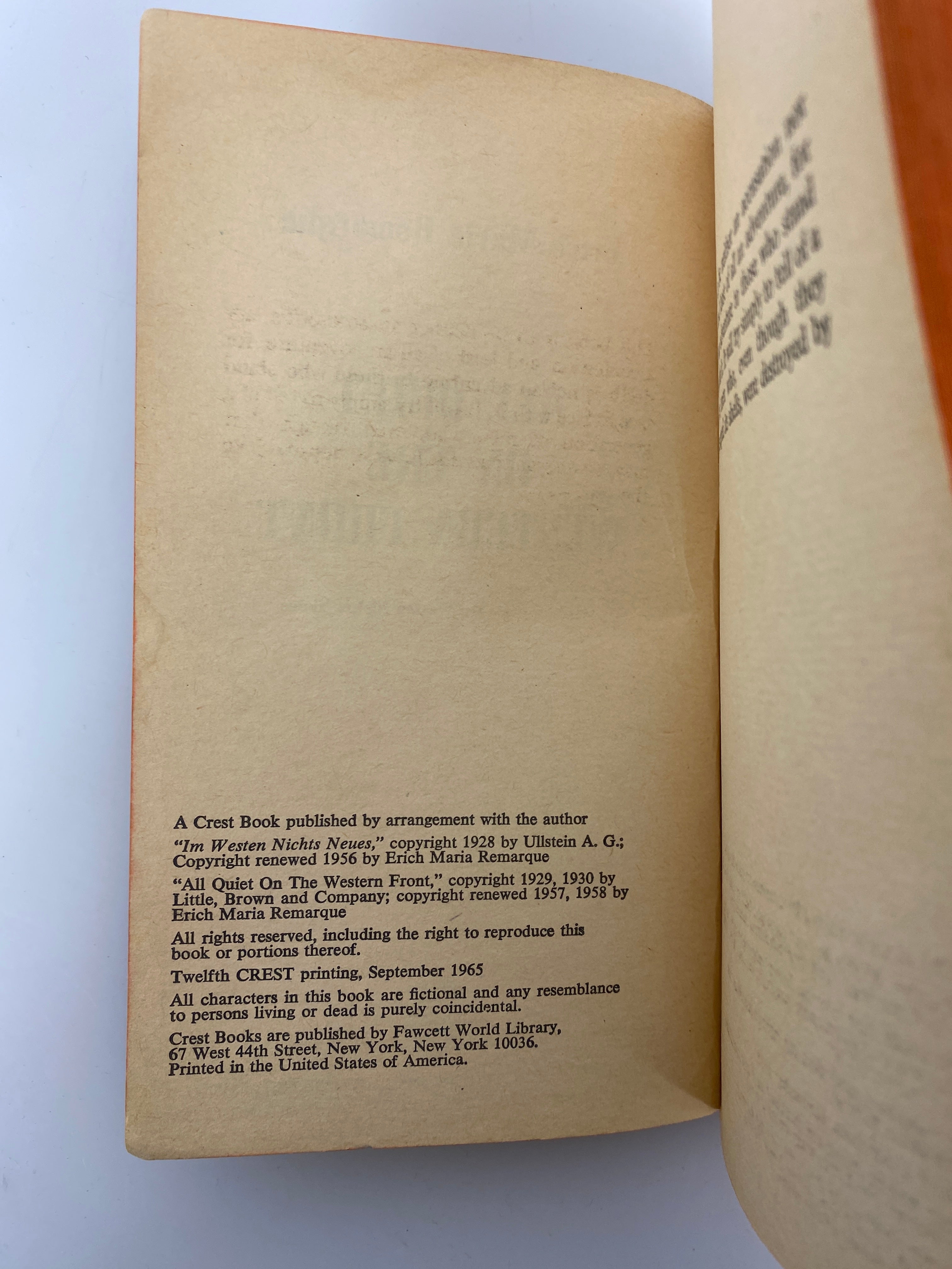 All Quiet on the Western Front by Remarque Fawcett Publications 1965 SC