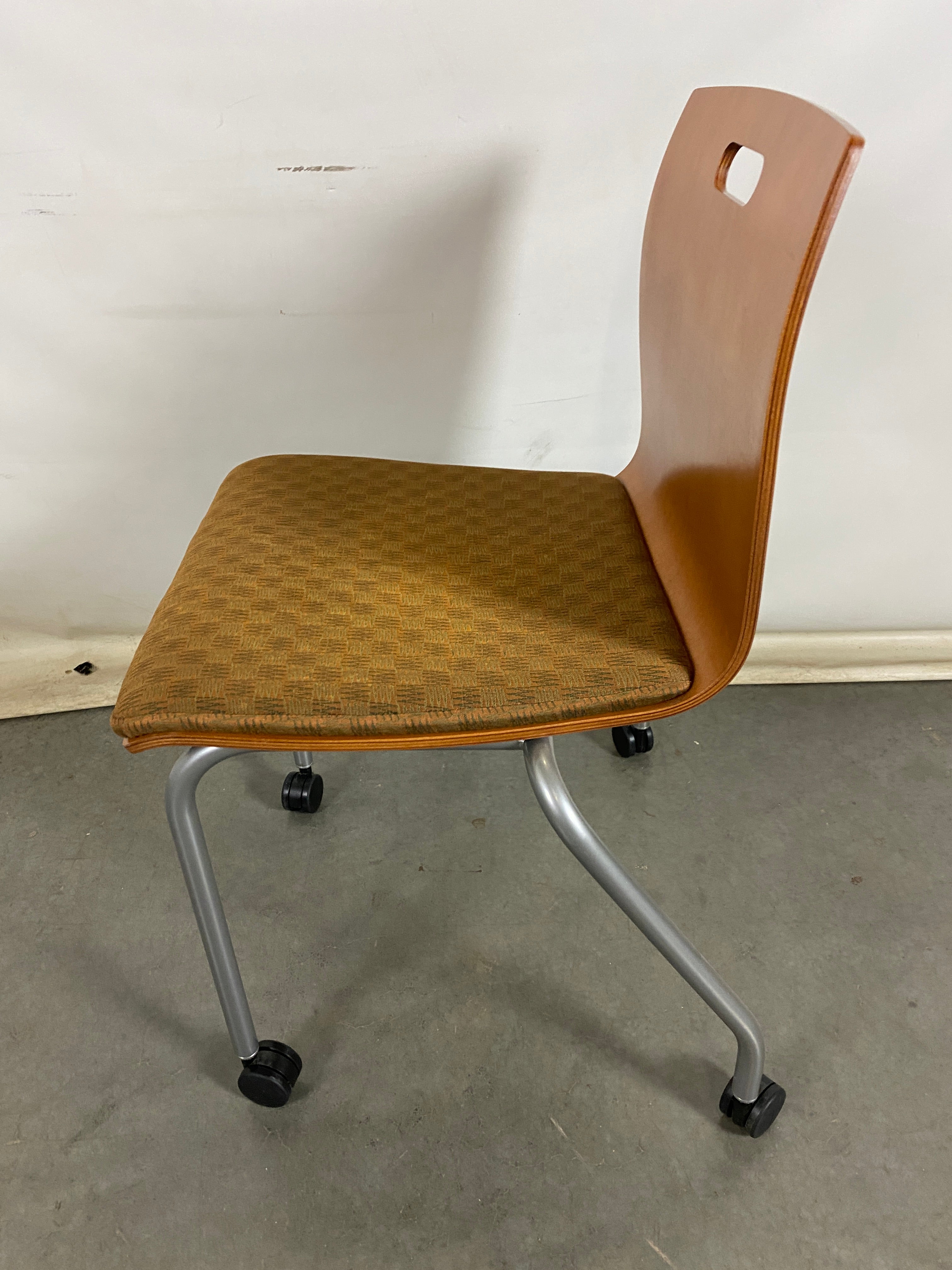 Metropolitan Furniture Corp. Wooden Rolling Chair with Brown Upholstered Seat