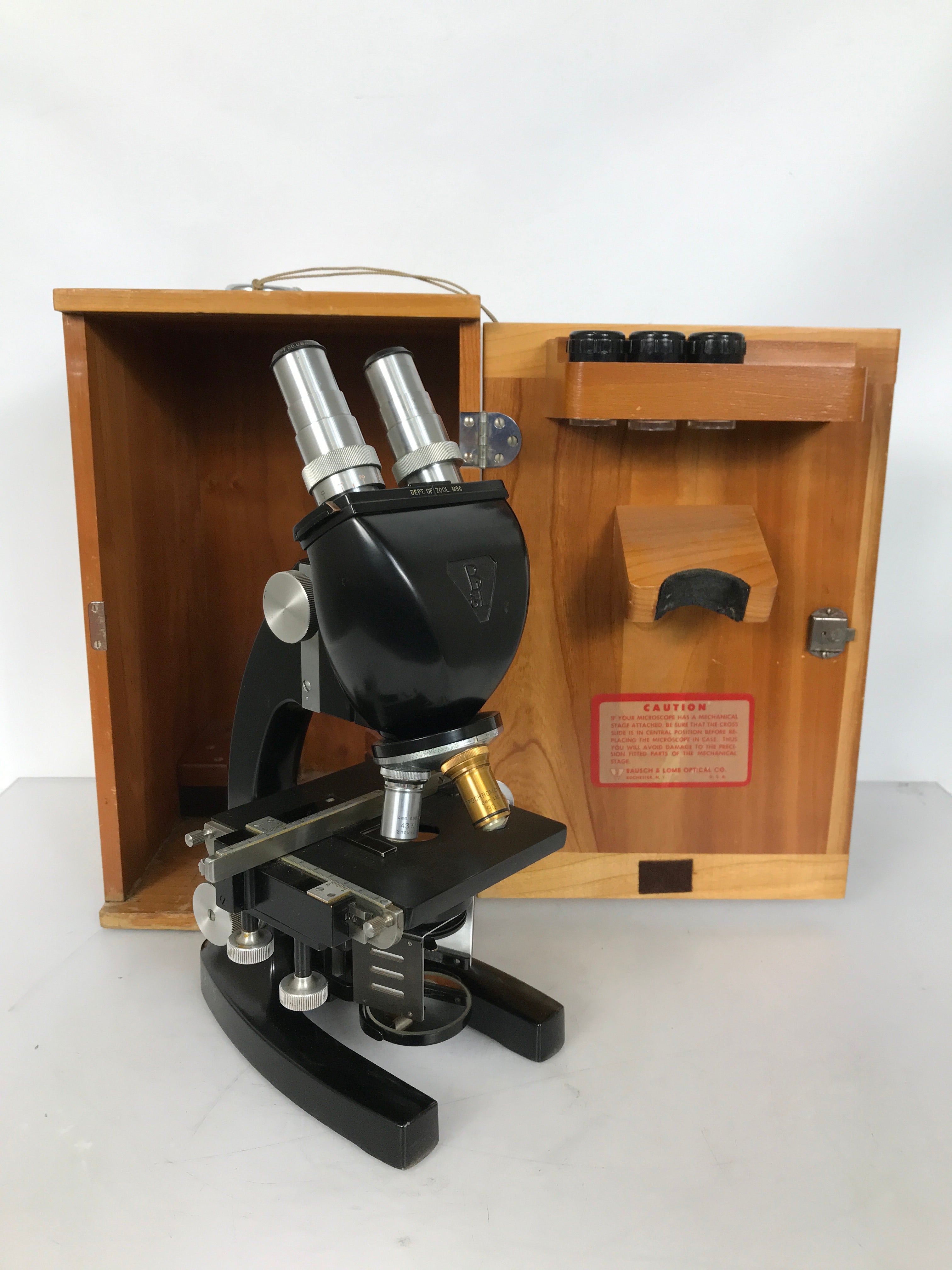 Bausch & Lomb 16033-433 Microscope w/ 3 Objectives & Wooden Box
