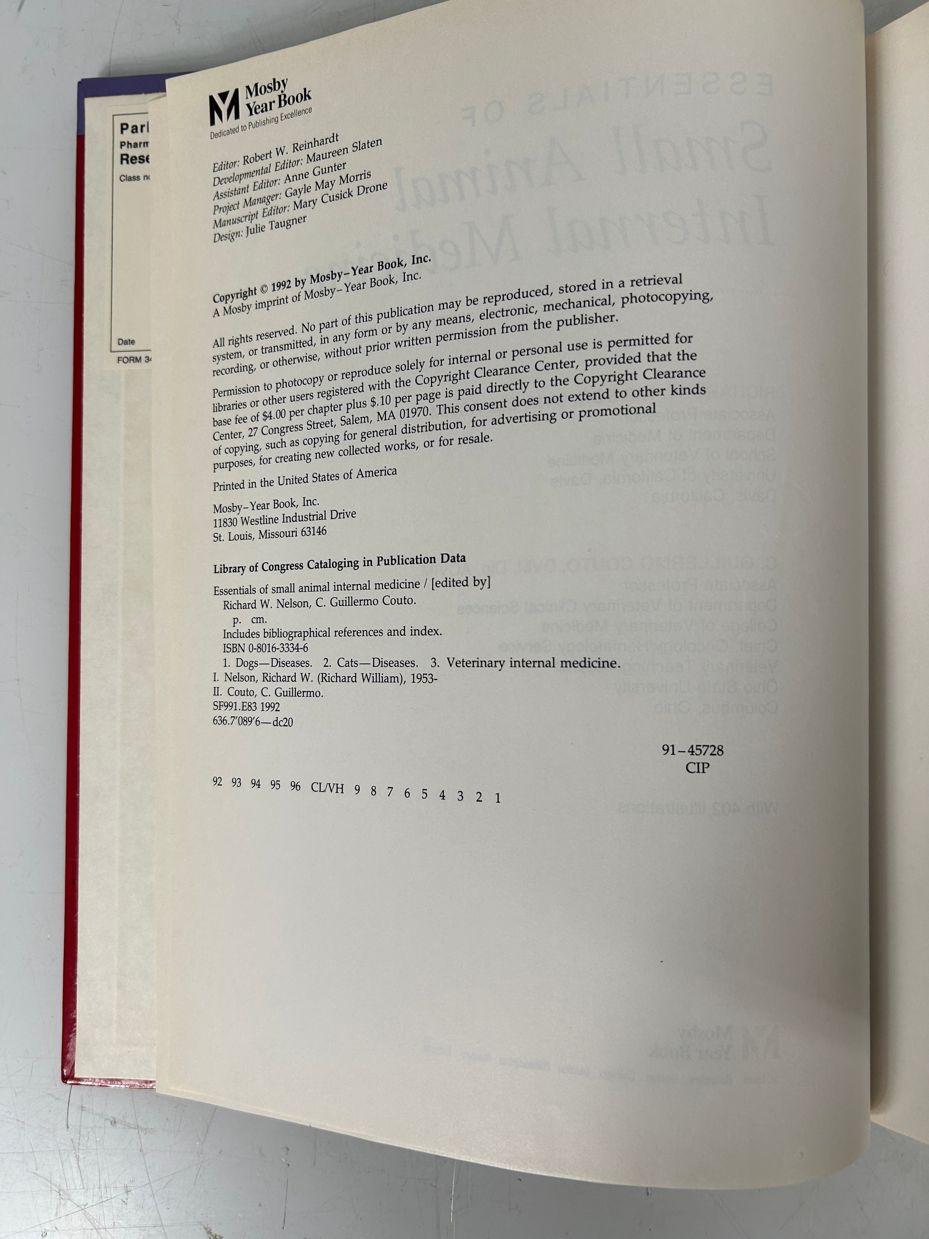 Essentials of Small Animal Internal Medicine Nelson & Couto 1992 HC