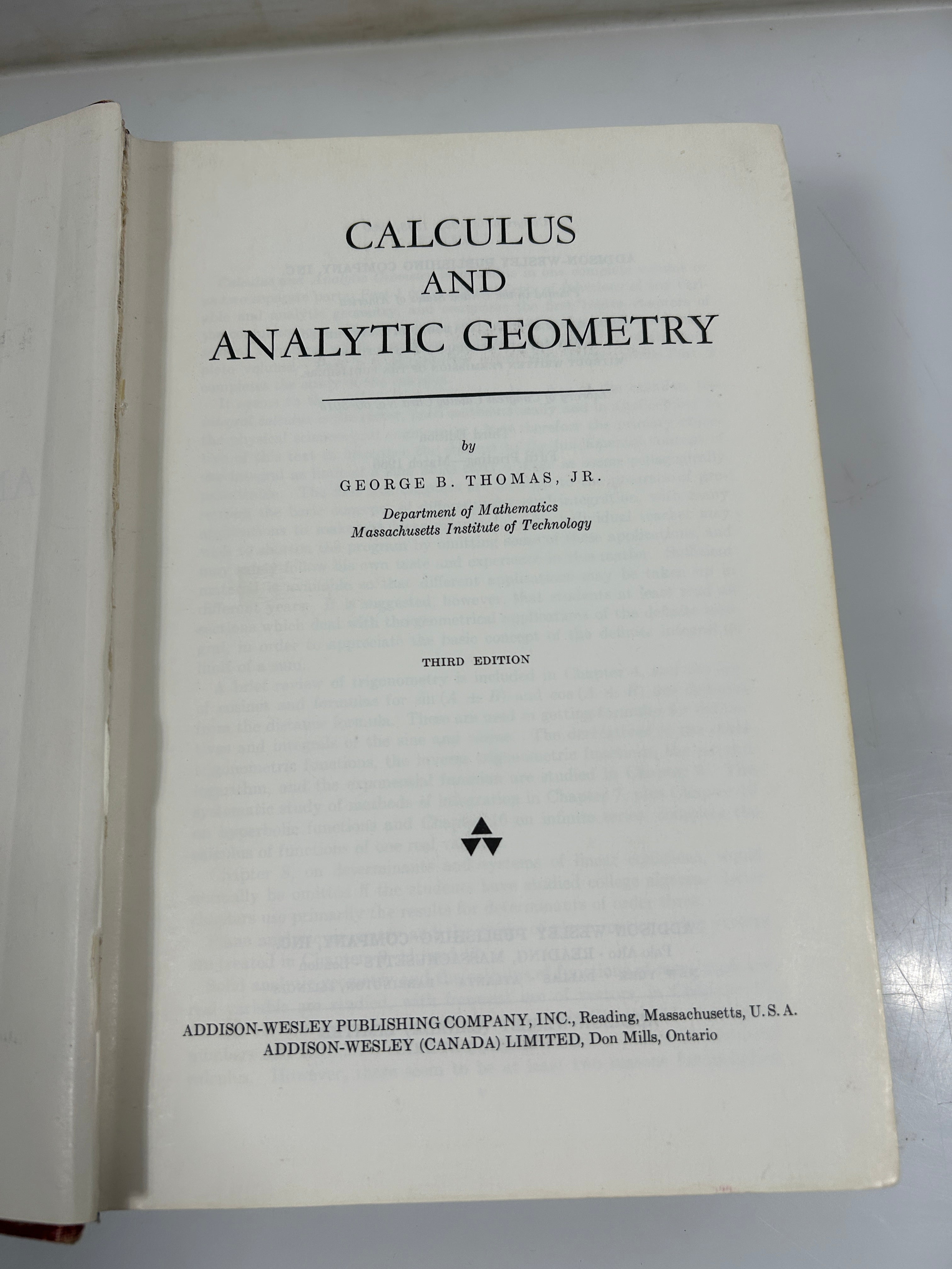 Calculus and Analytic Geometry by George B Thomas Jr 3rd Ed Addison Wesley Pub HC