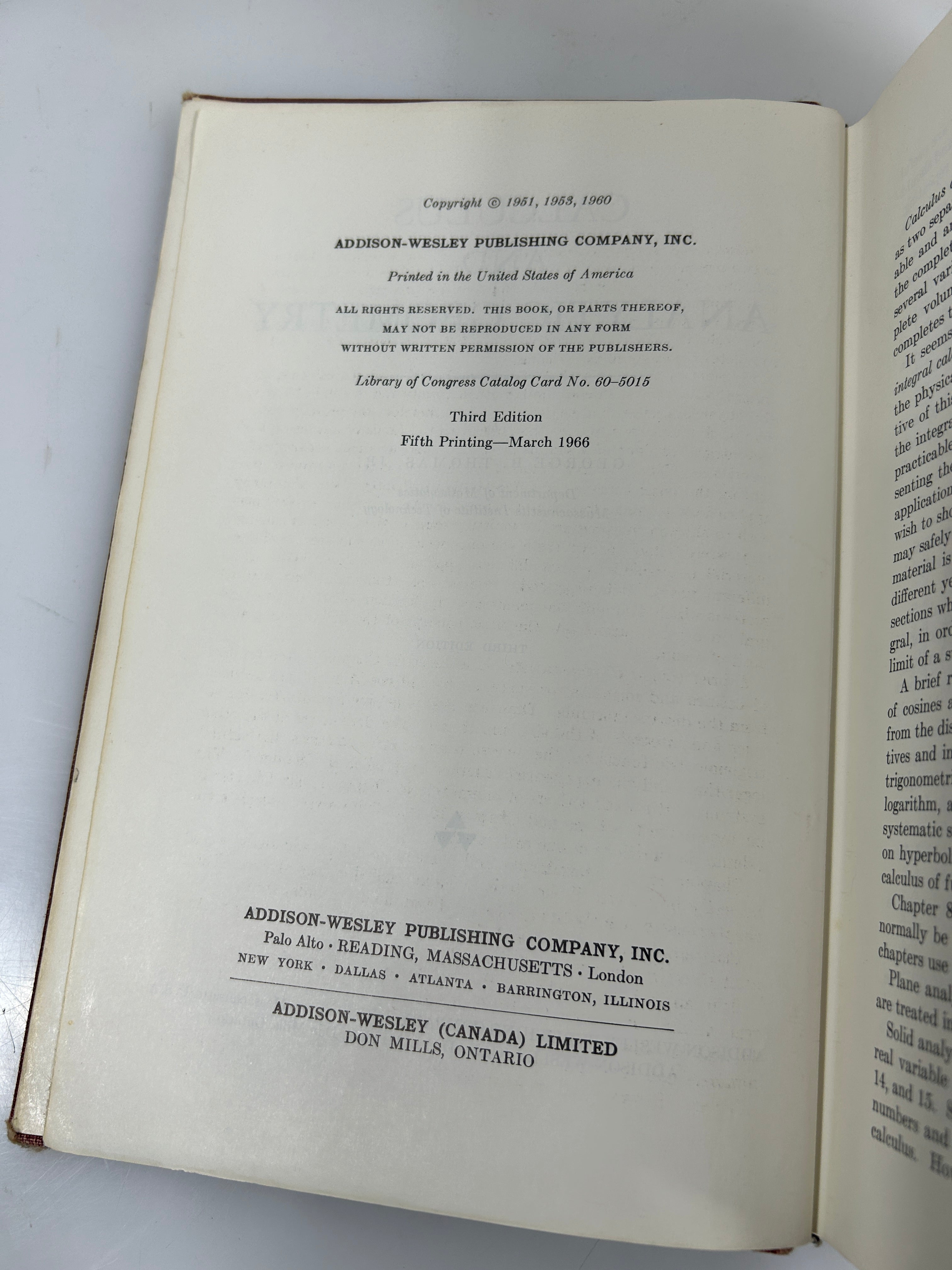 Calculus and Analytic Geometry by George B Thomas Jr 3rd Ed Addison Wesley Pub HC