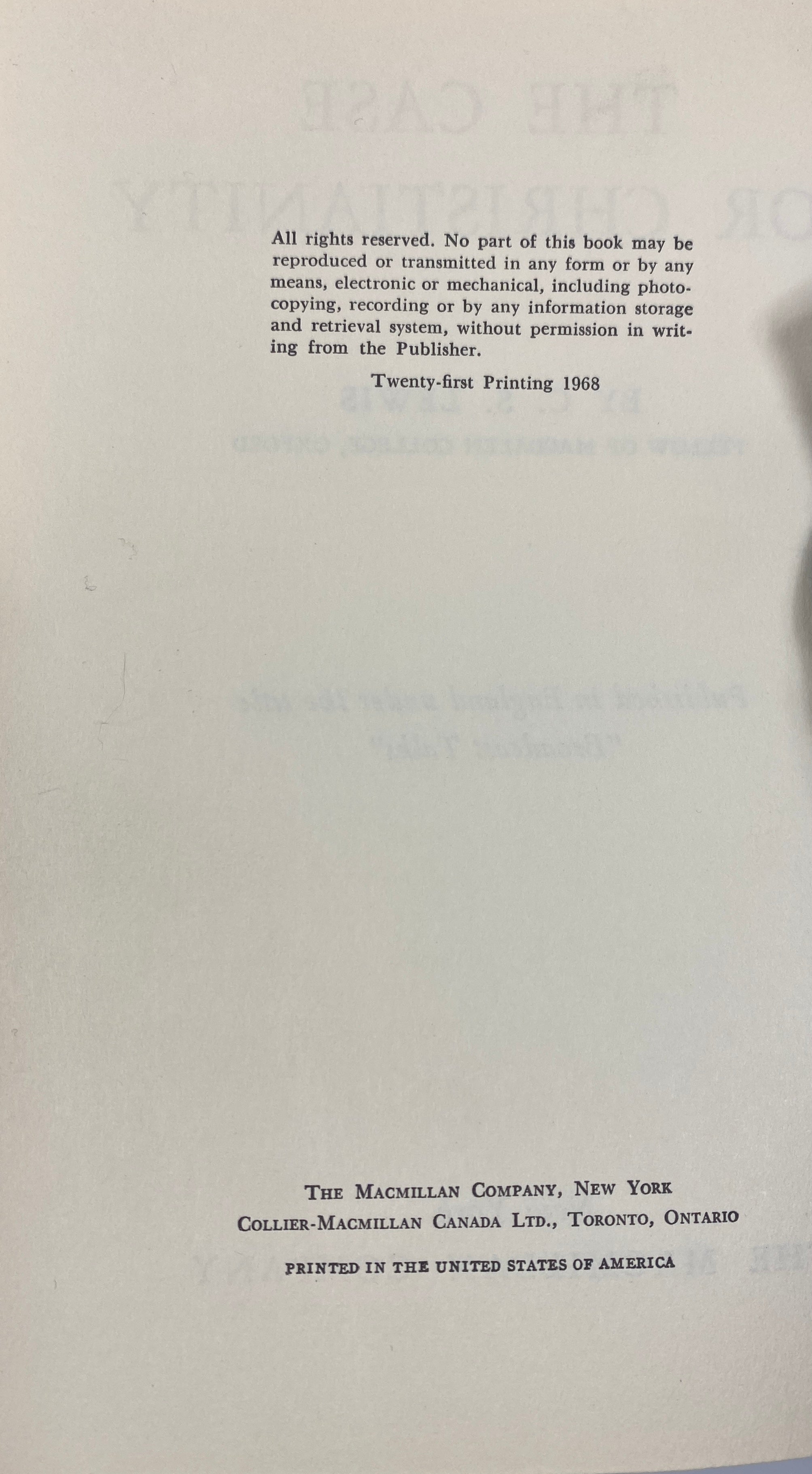 The Case for Christianity by C.S. Lewis Macmillan Company 21st Print 1968 HCDJ