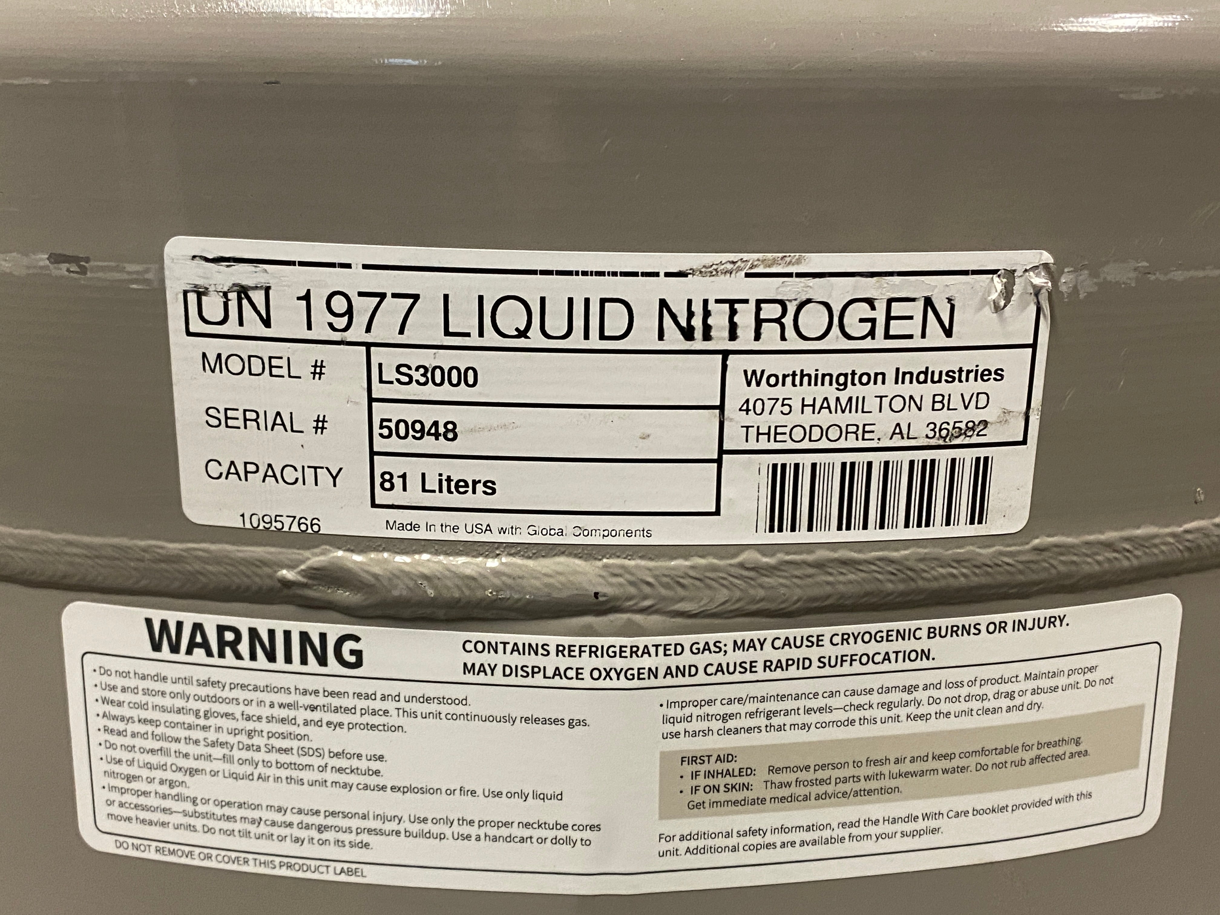 Worthington Industries Lab Systems LS3000 Liquid Nitrogen Cryogenic Sample Storage Tank