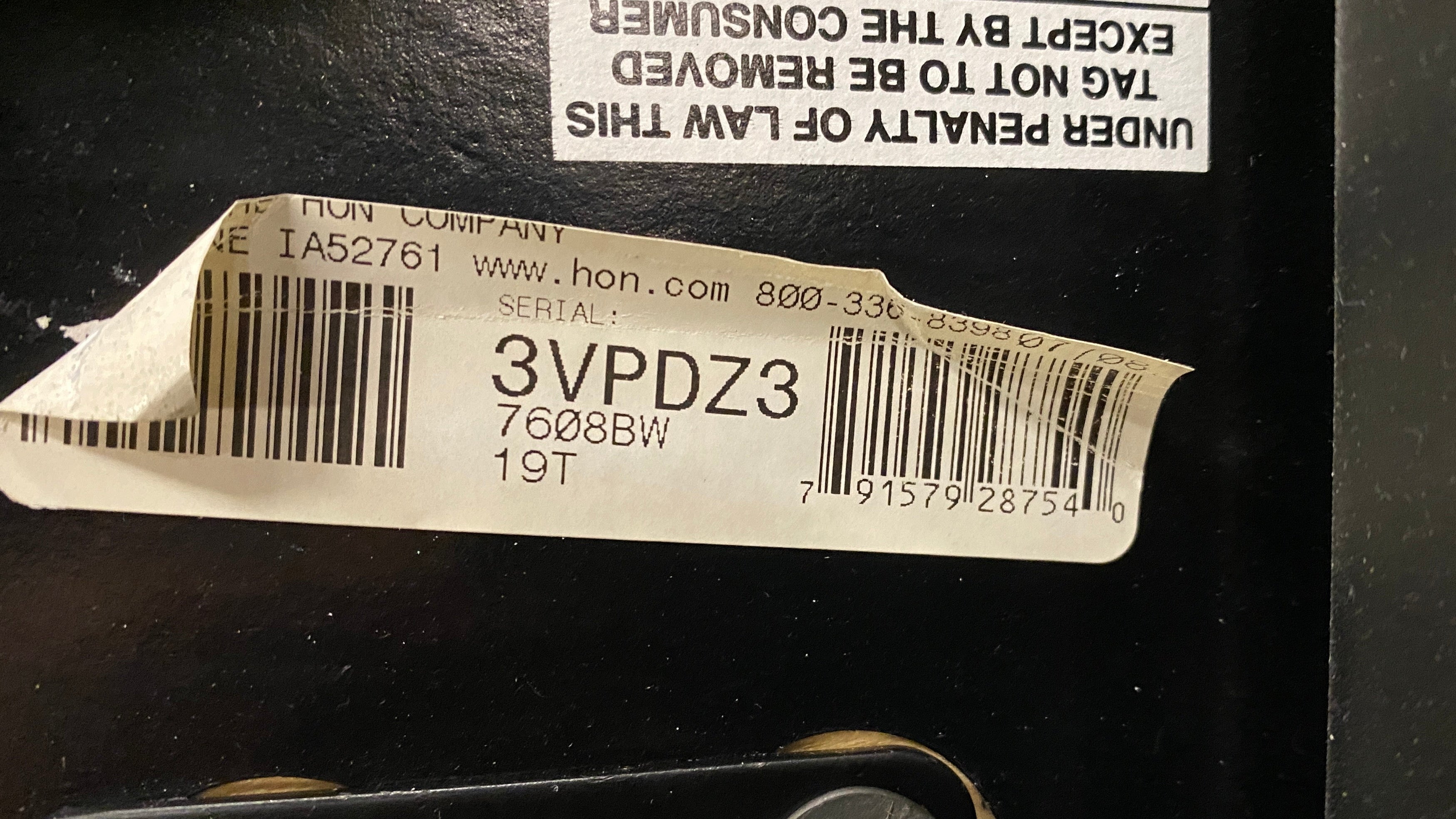 HON #3VPDZ3 Black Patterned Upholstered Office Chair