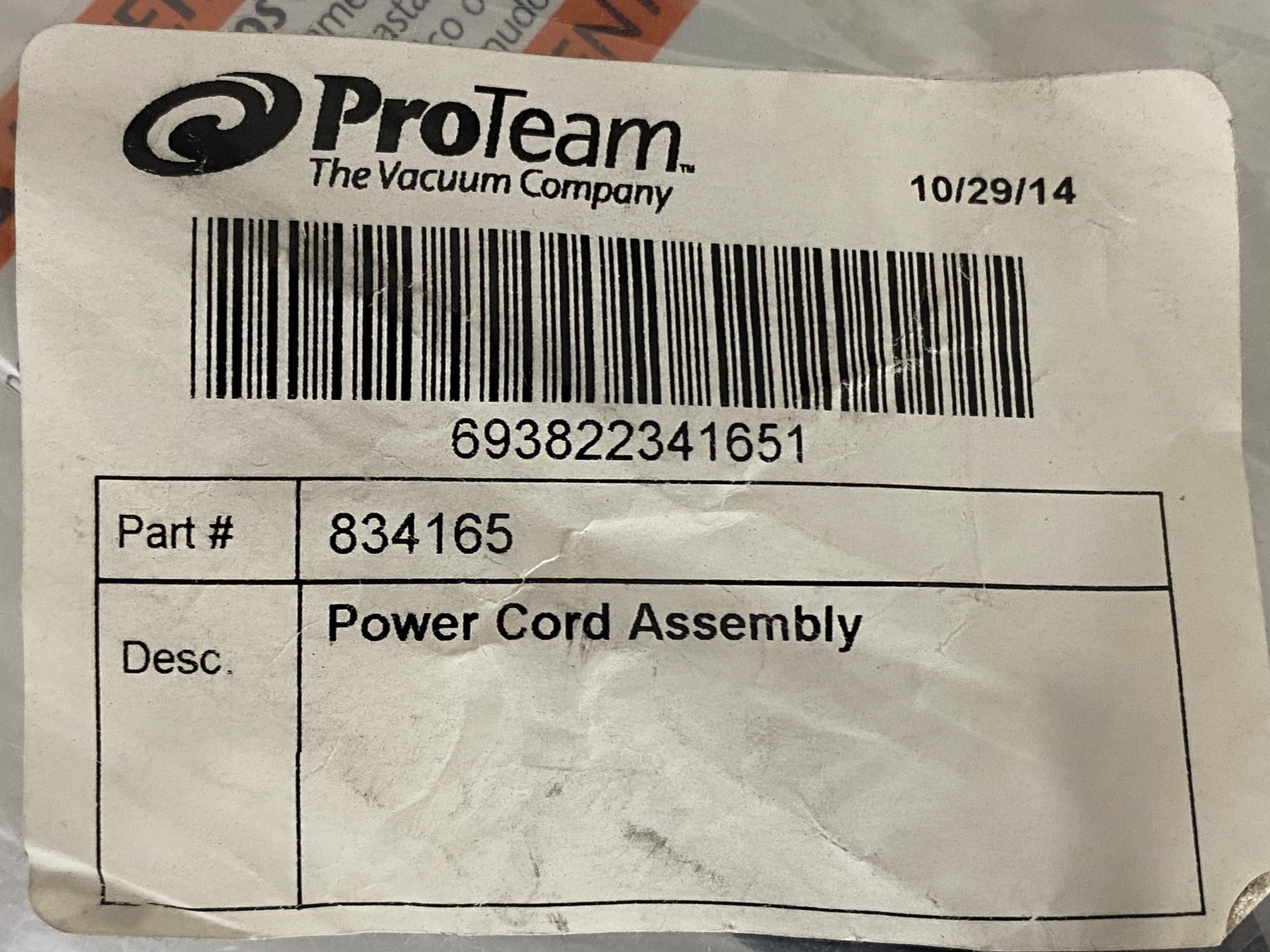 ProTeam Power Cord Assembly Replacement Part #834165