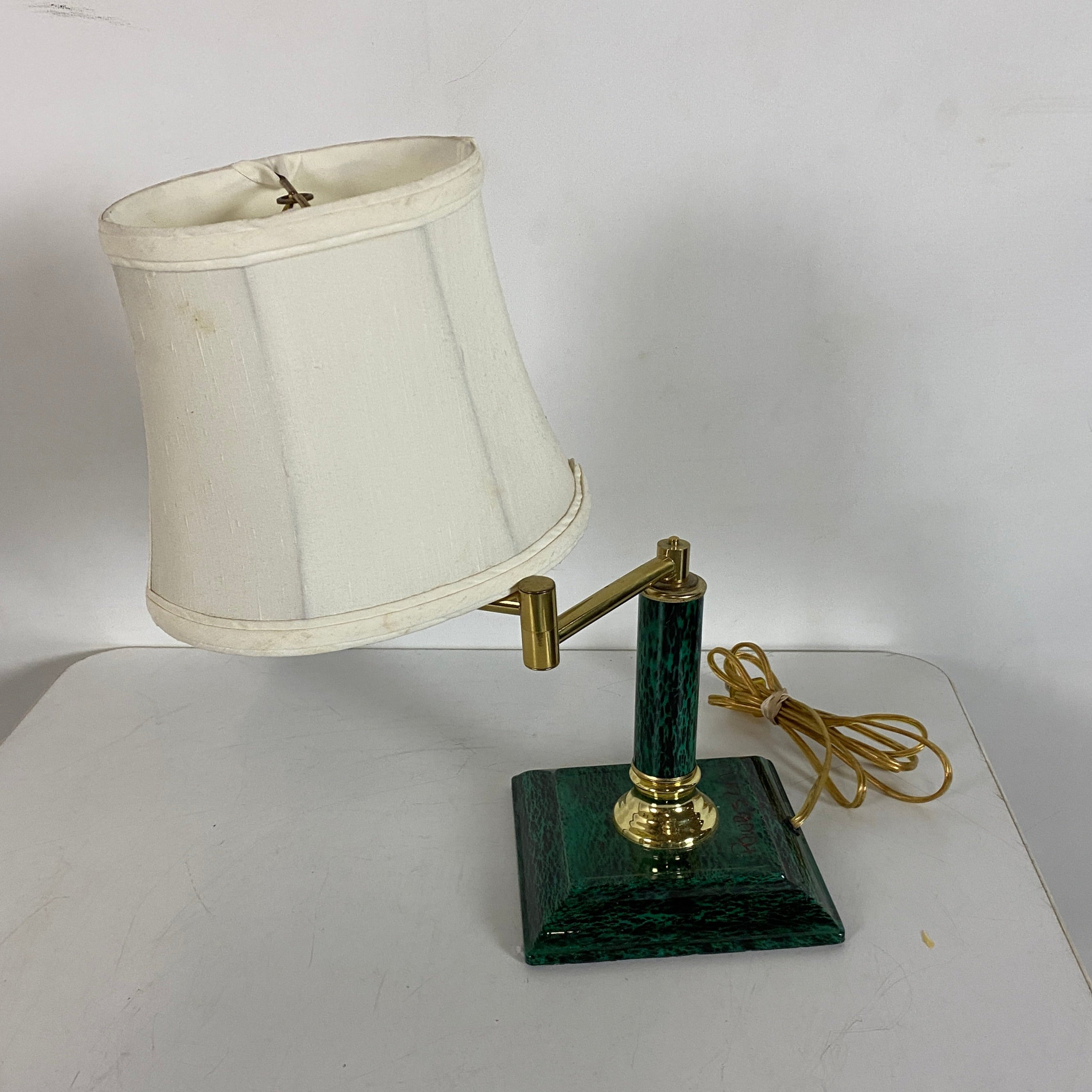 Vintage Adjustable Desk Lamp with Jade Base and Canvas Shade