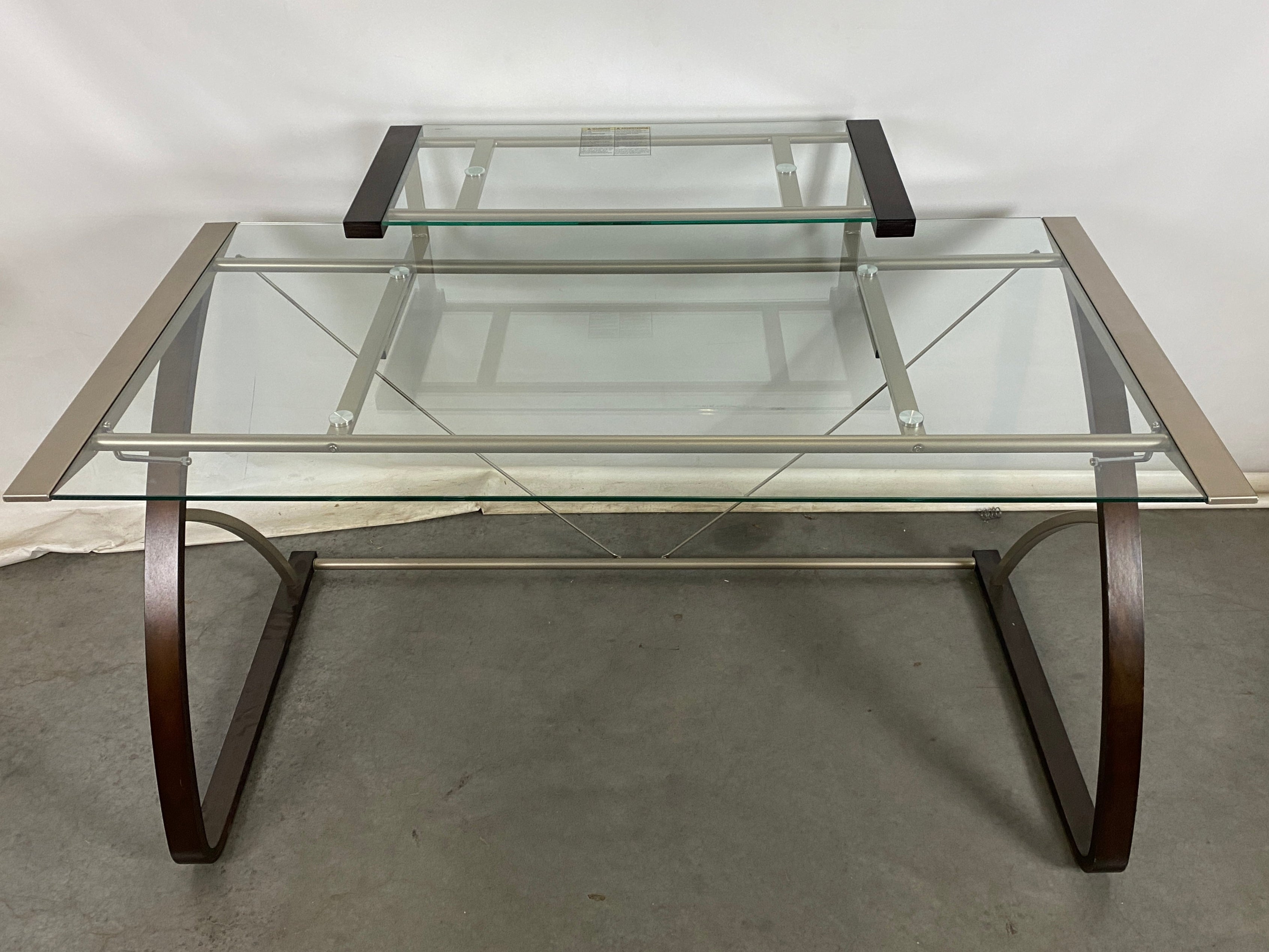 Grey Metal and Dark Wood Desk with Glass Top and Raised Monitor Platform