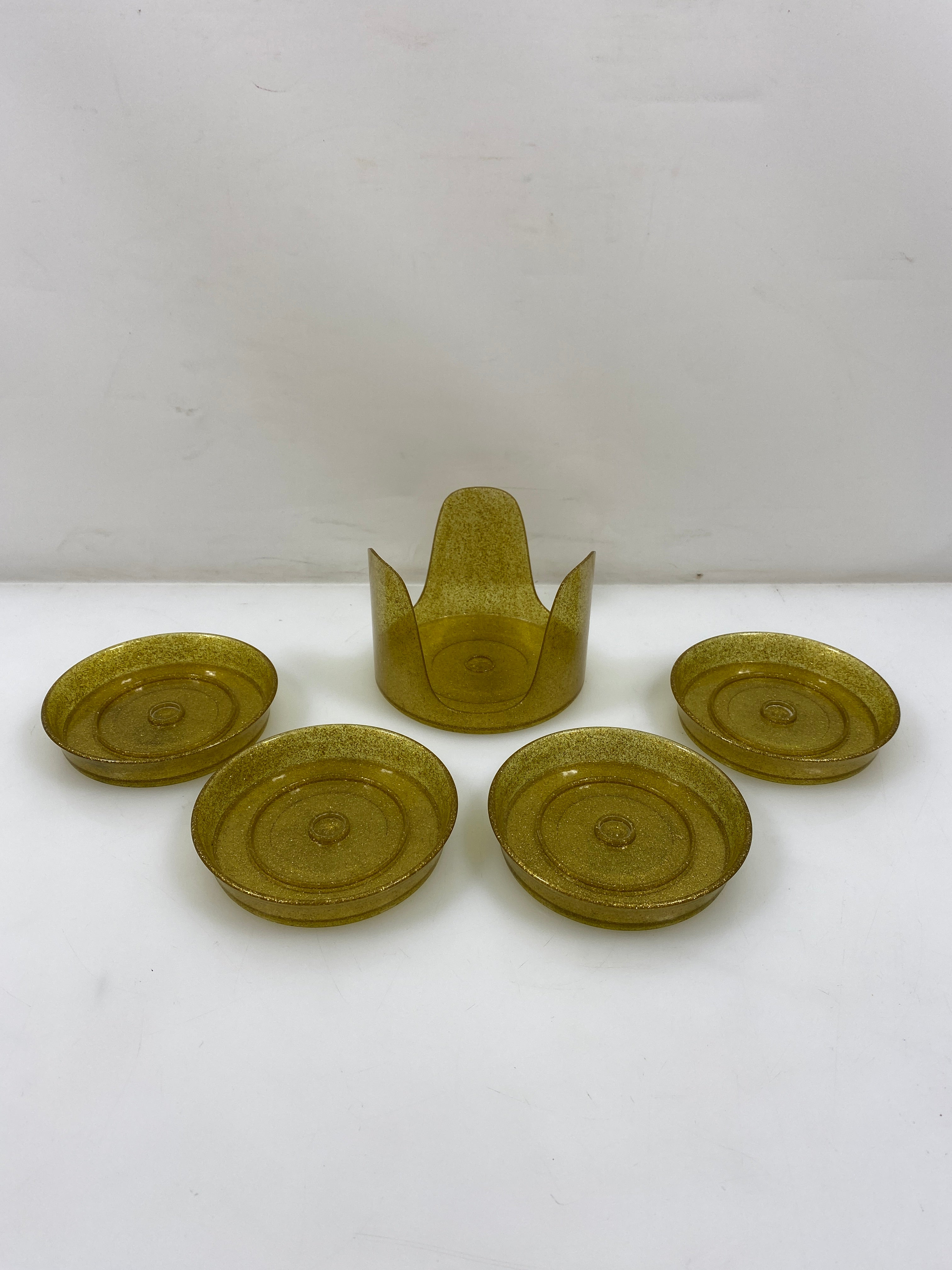 Vintage Couroc Of Monterey Set Of 4 Gold Glitter Plastic 4" Coasters In Caddy