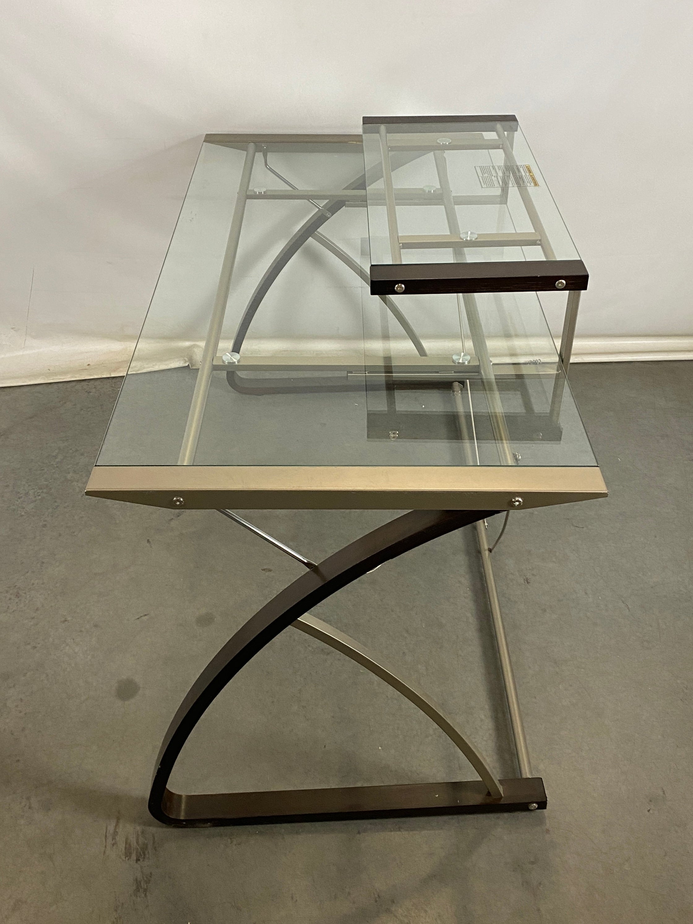 Grey Metal and Dark Wood Desk with Glass Top and Raised Monitor Platform