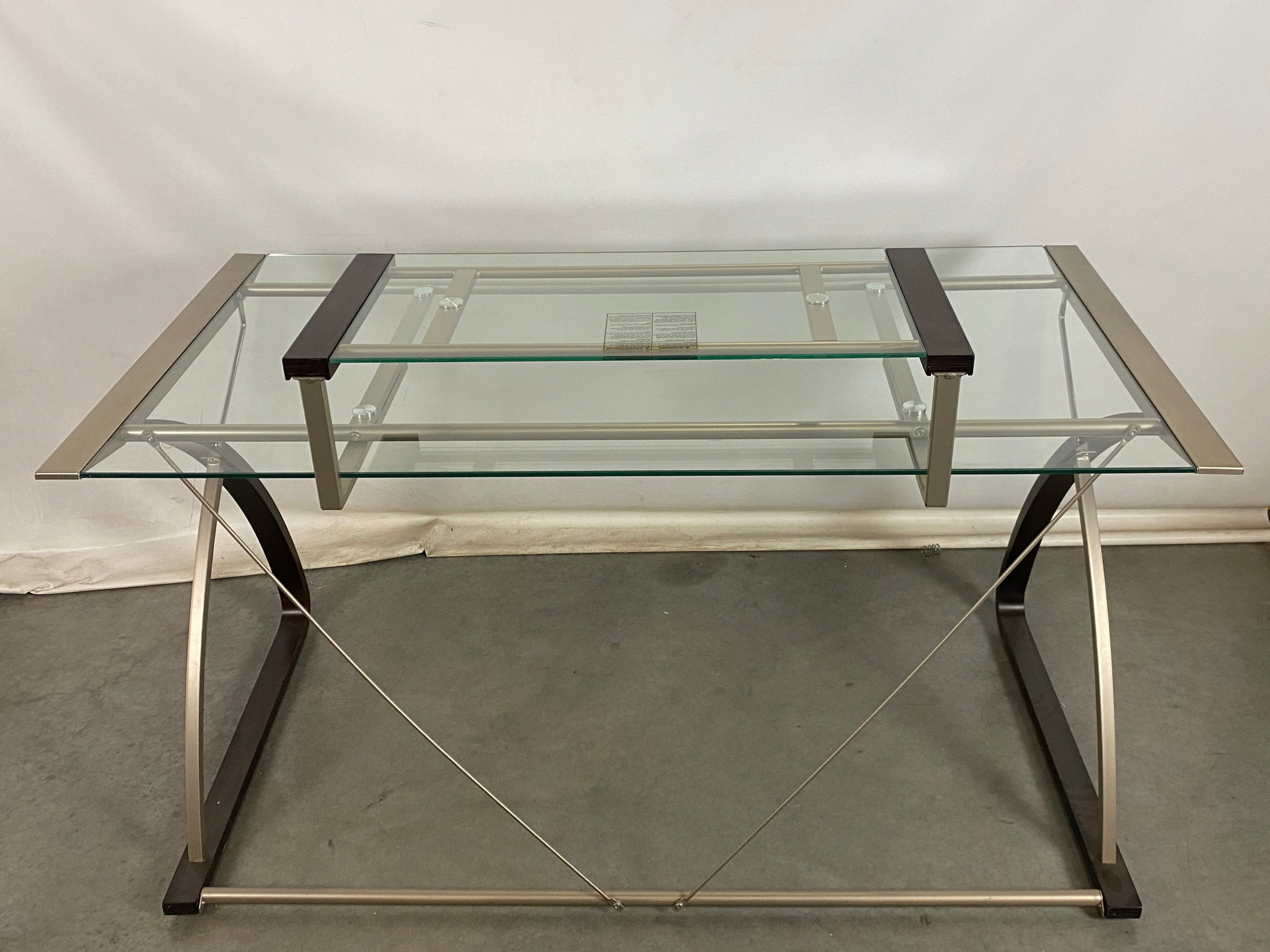 Grey Metal and Dark Wood Desk with Glass Top and Raised Monitor Platform