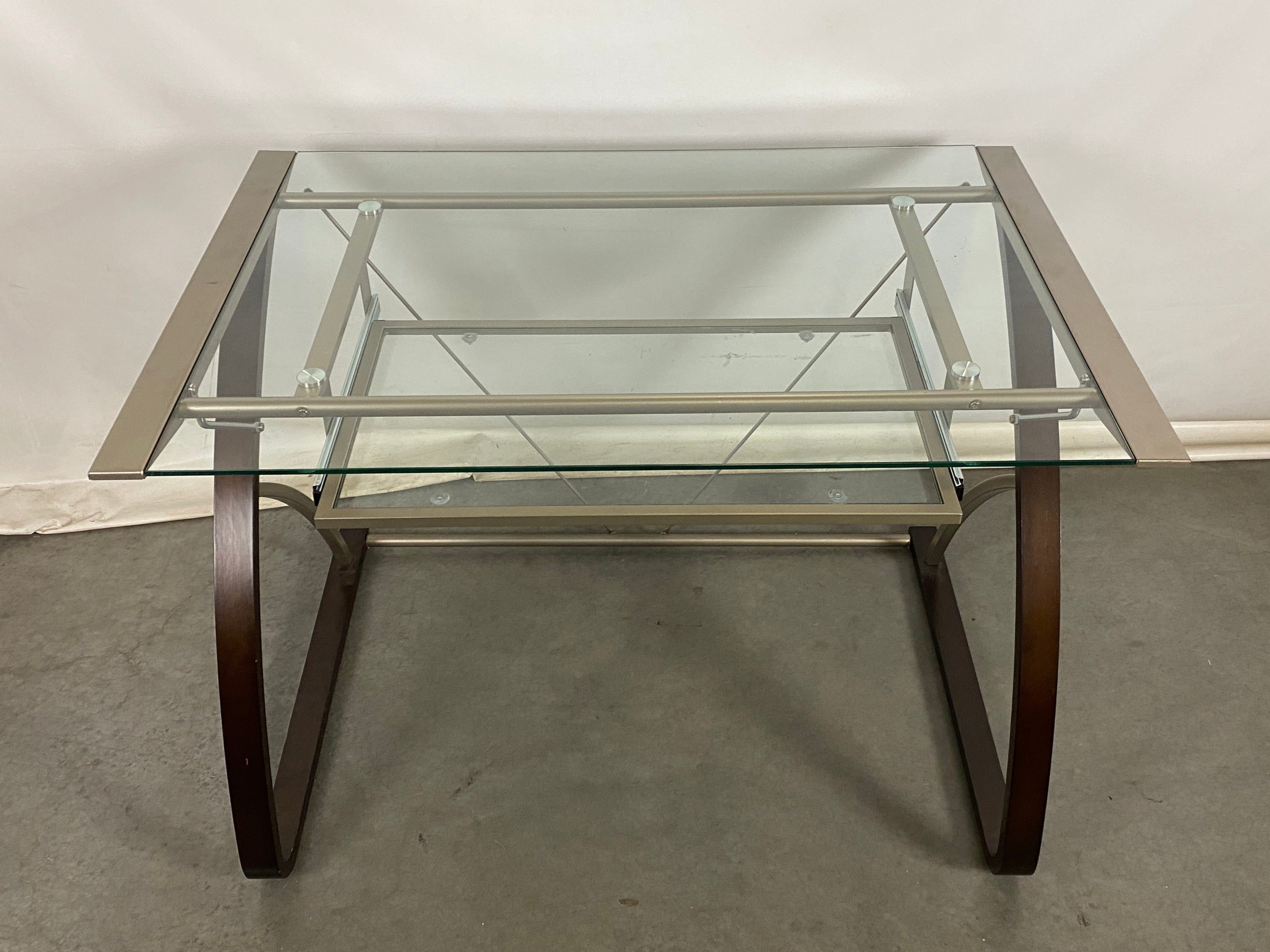 Grey Metal Dark Wood Desk with Glass Top and Drawer