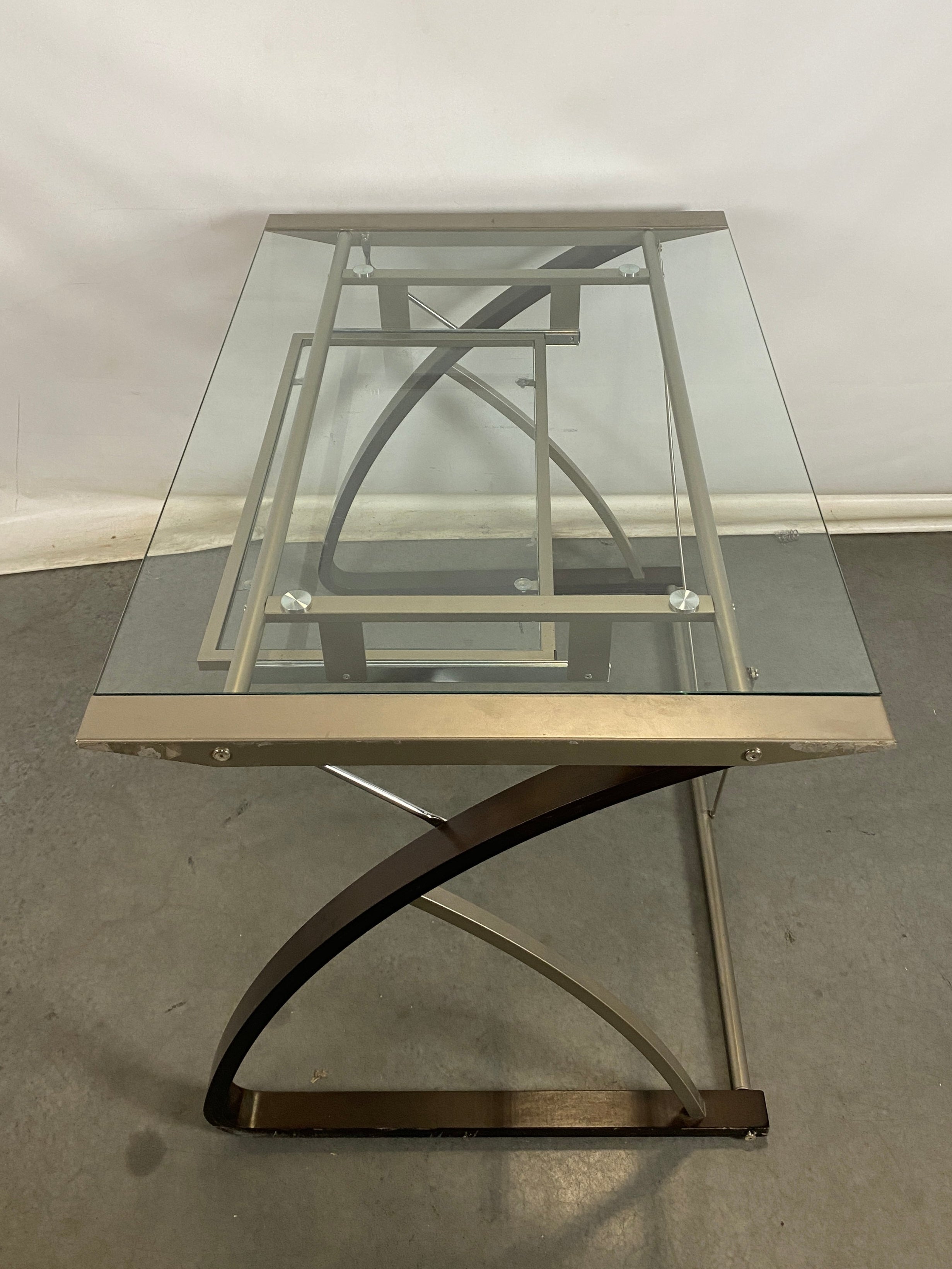 Grey Metal Dark Wood Desk with Glass Top and Drawer