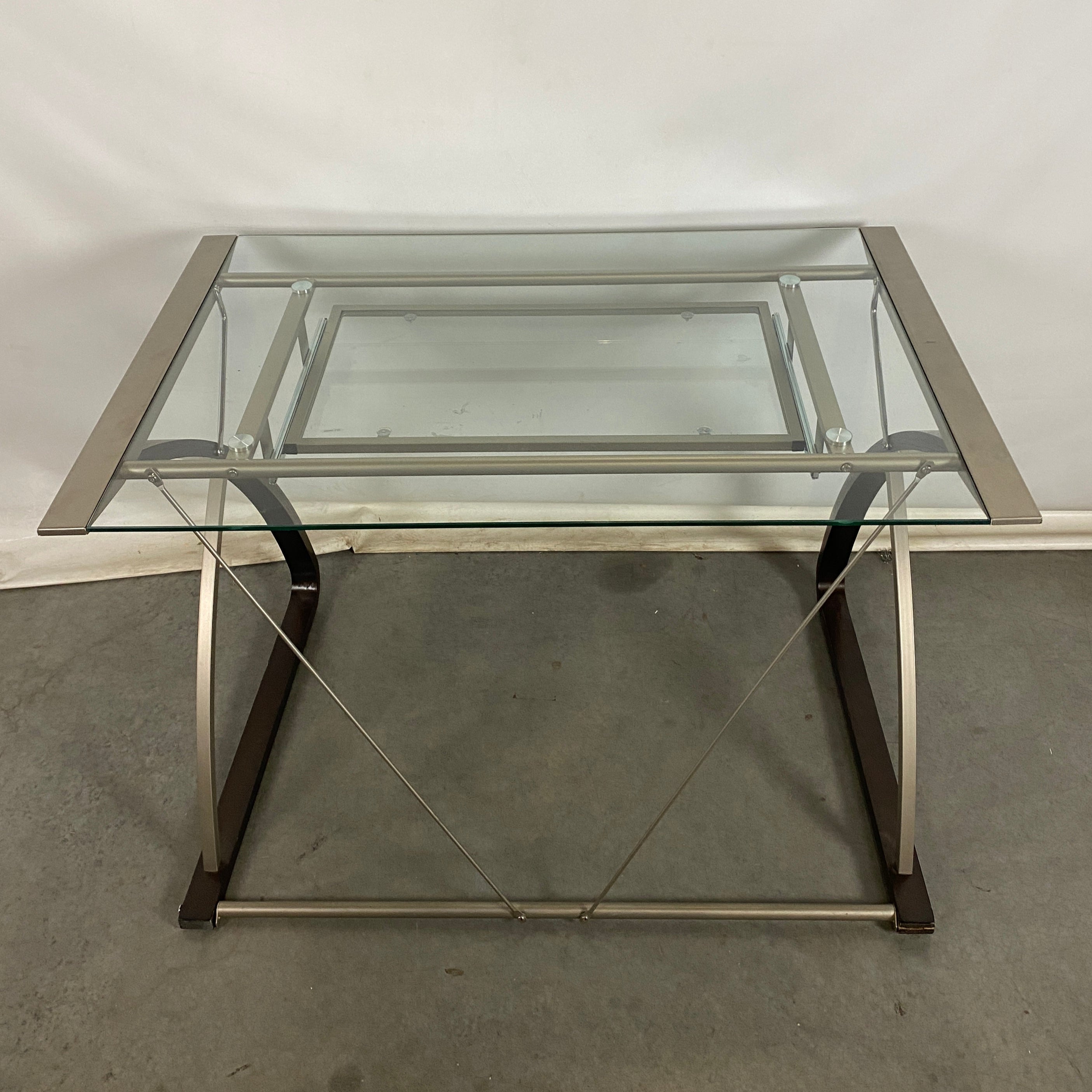 Grey Metal Dark Wood Desk with Glass Top and Drawer