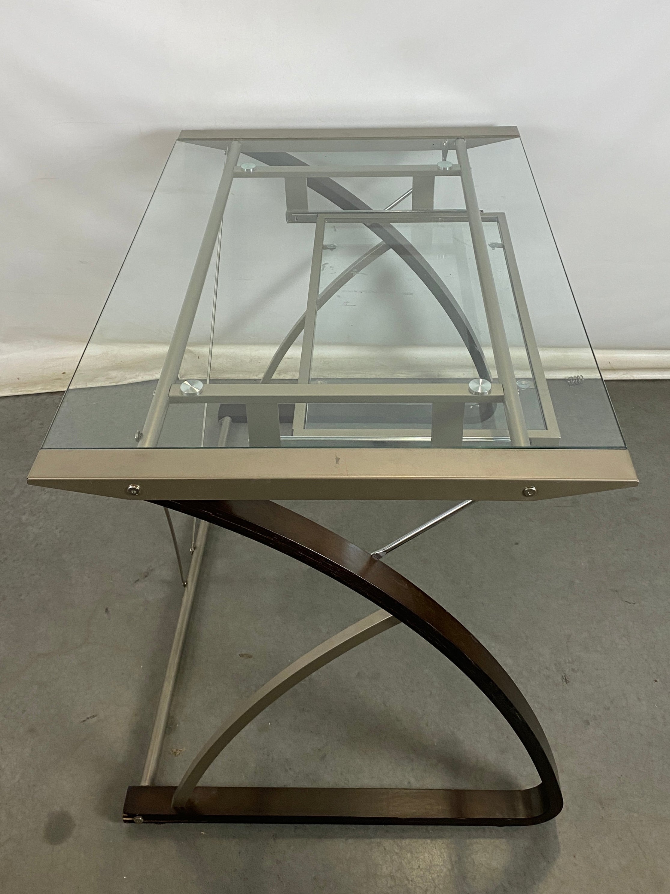 Grey Metal Dark Wood Desk with Glass Top and Drawer