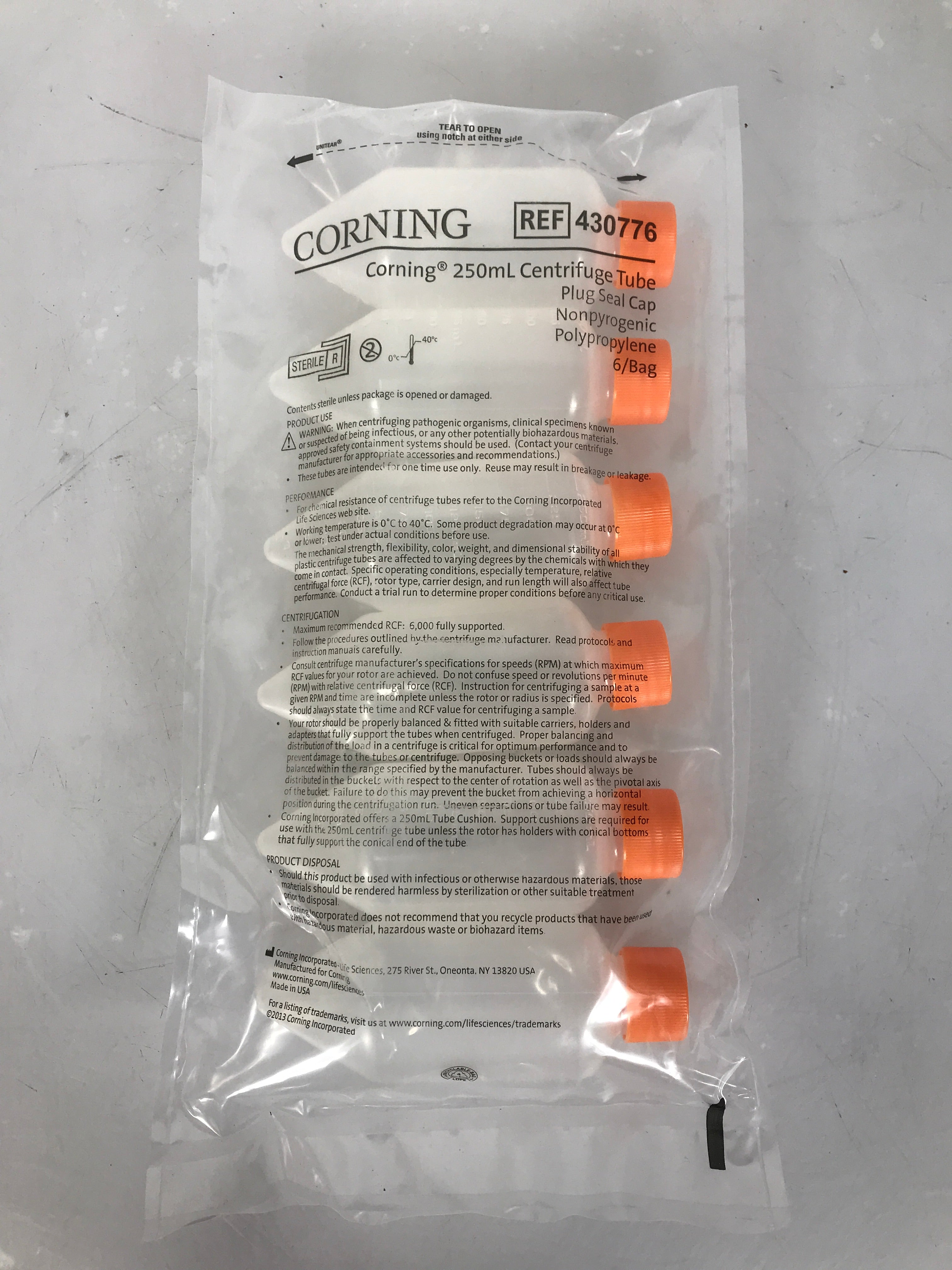 6 pack New Sealed Corning 250ml Centrifuge Tubes REF 430776