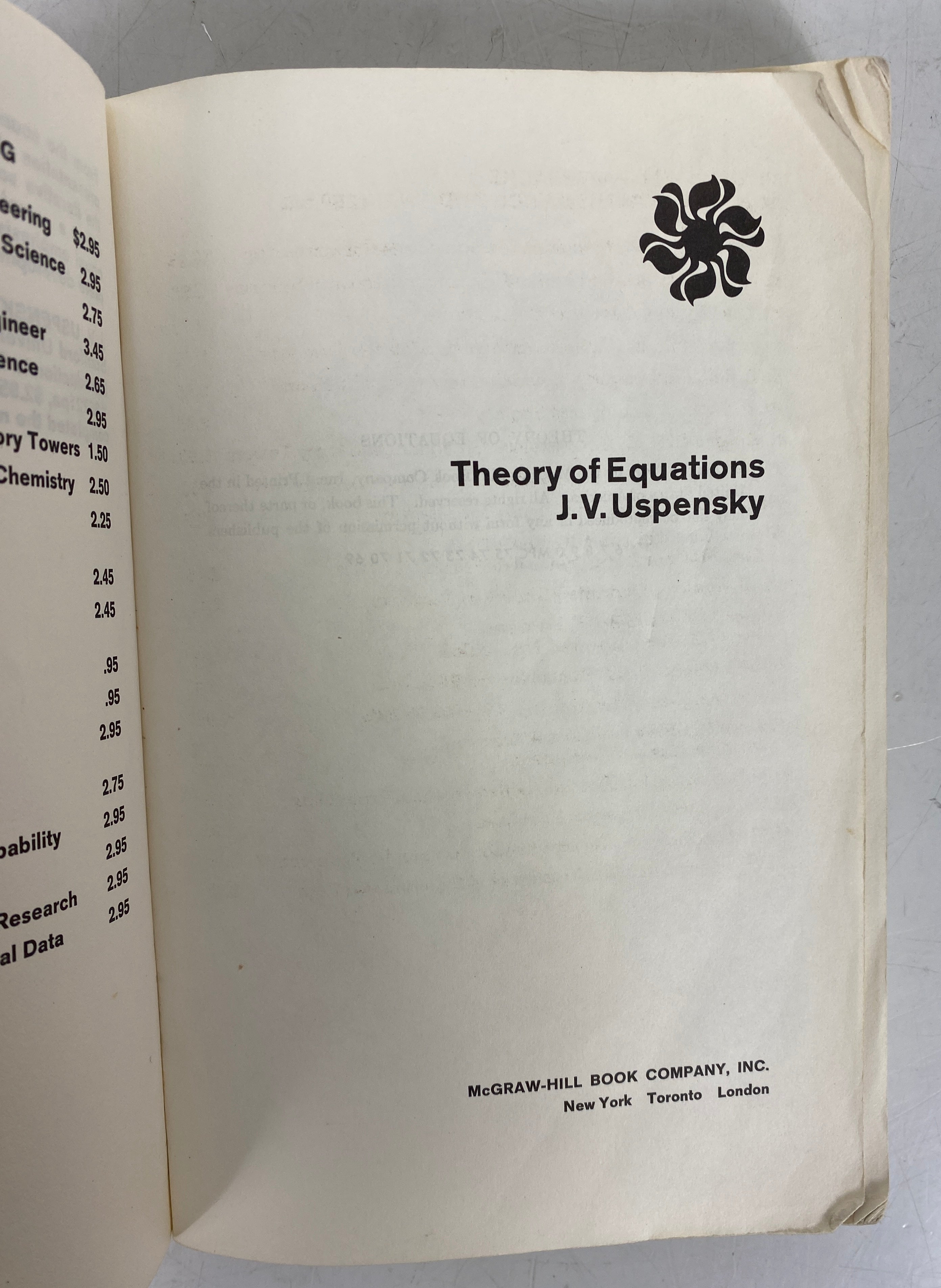 Theory of Equations by J.V. Uspensky 1948 Vintage SC