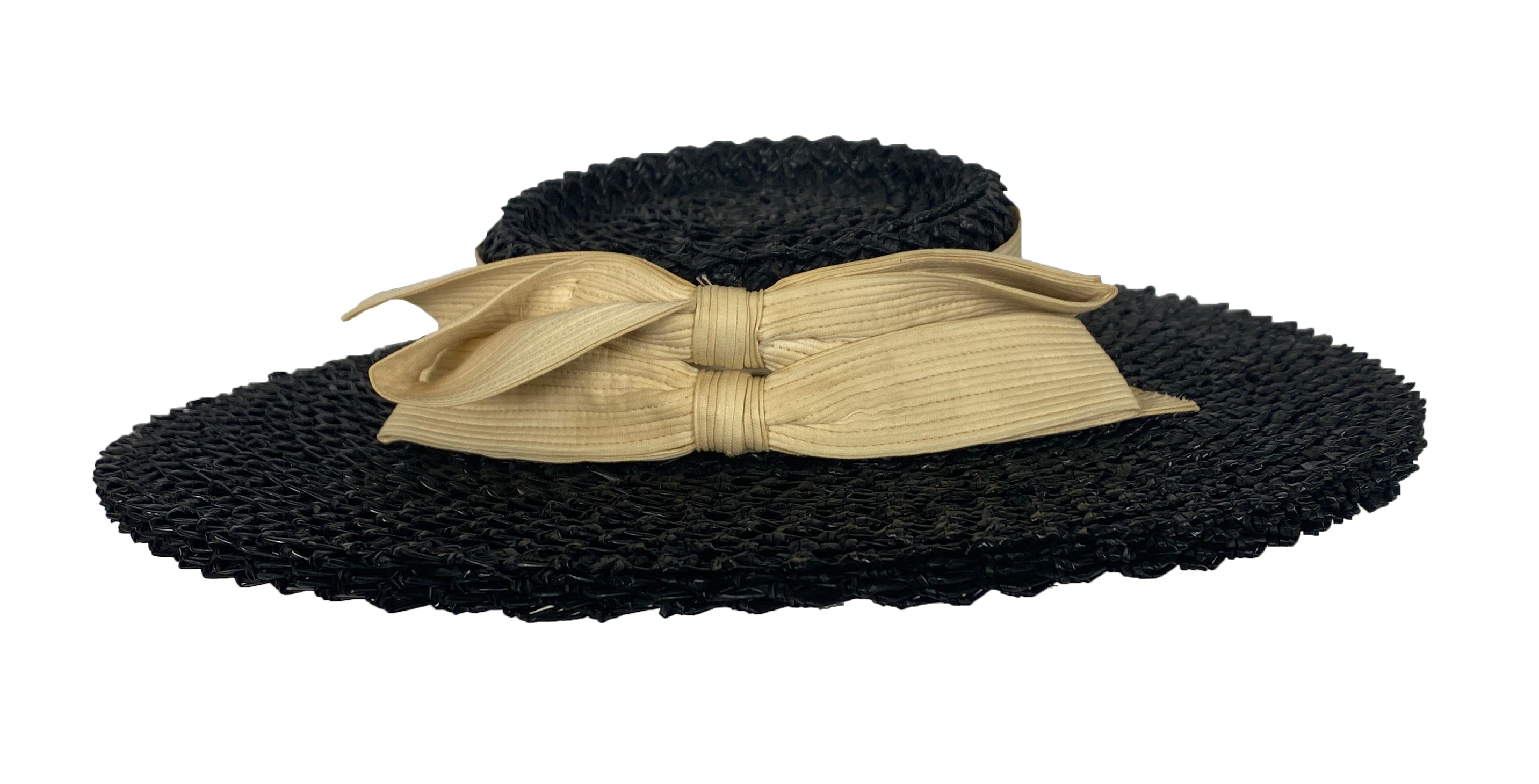 Vintage Black Straw Hat with White Ribbon