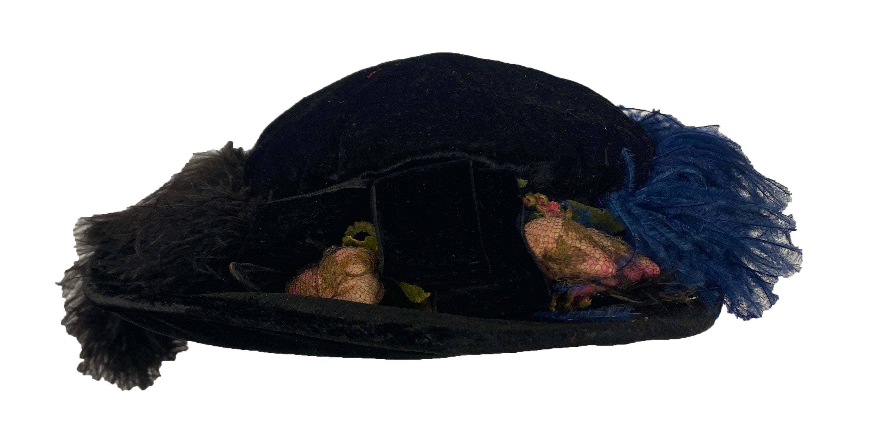 Vintage Black Velvet Hat with Feather and Strawberry Details