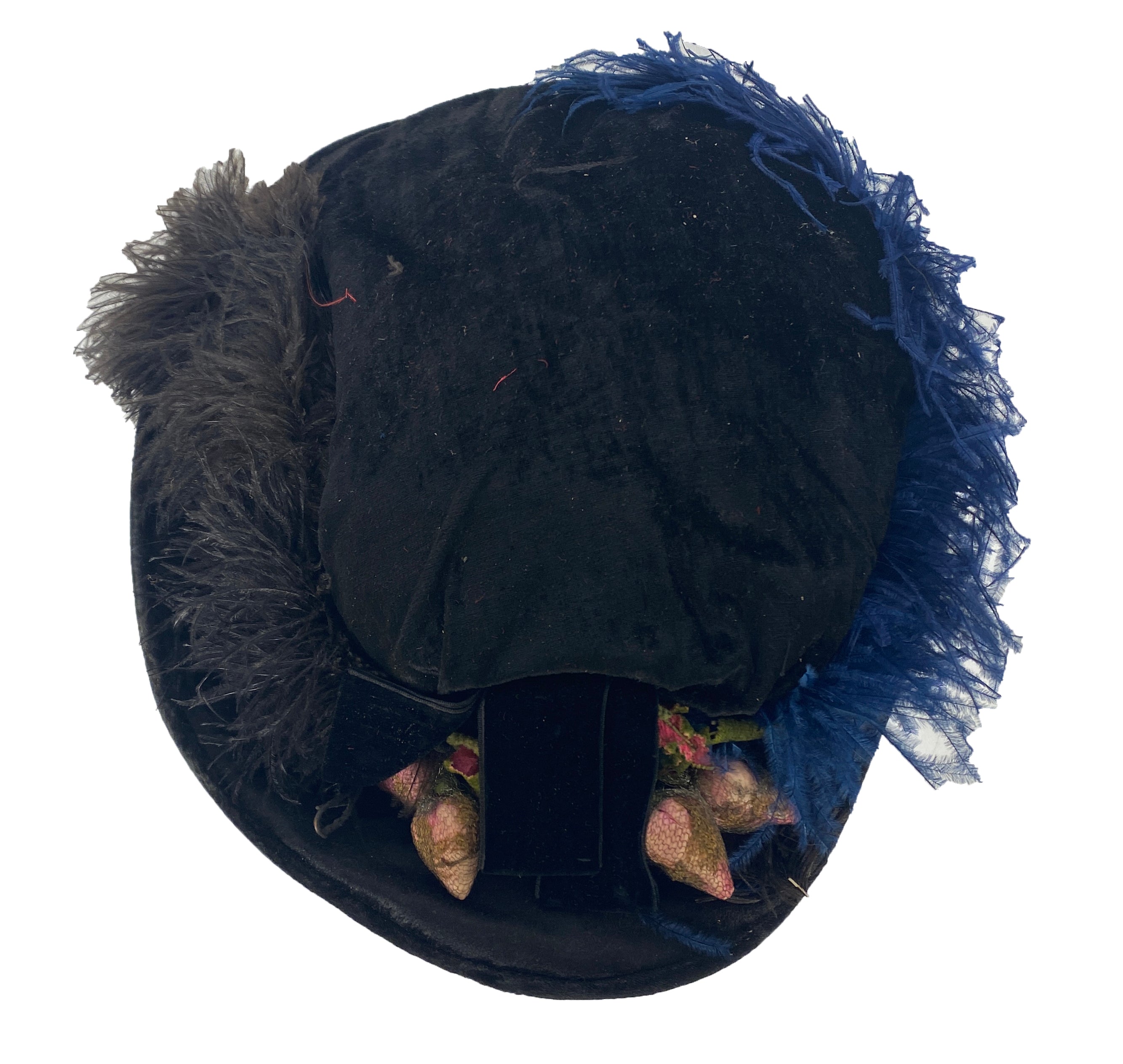 Vintage Black Velvet Hat with Feather and Strawberry Details