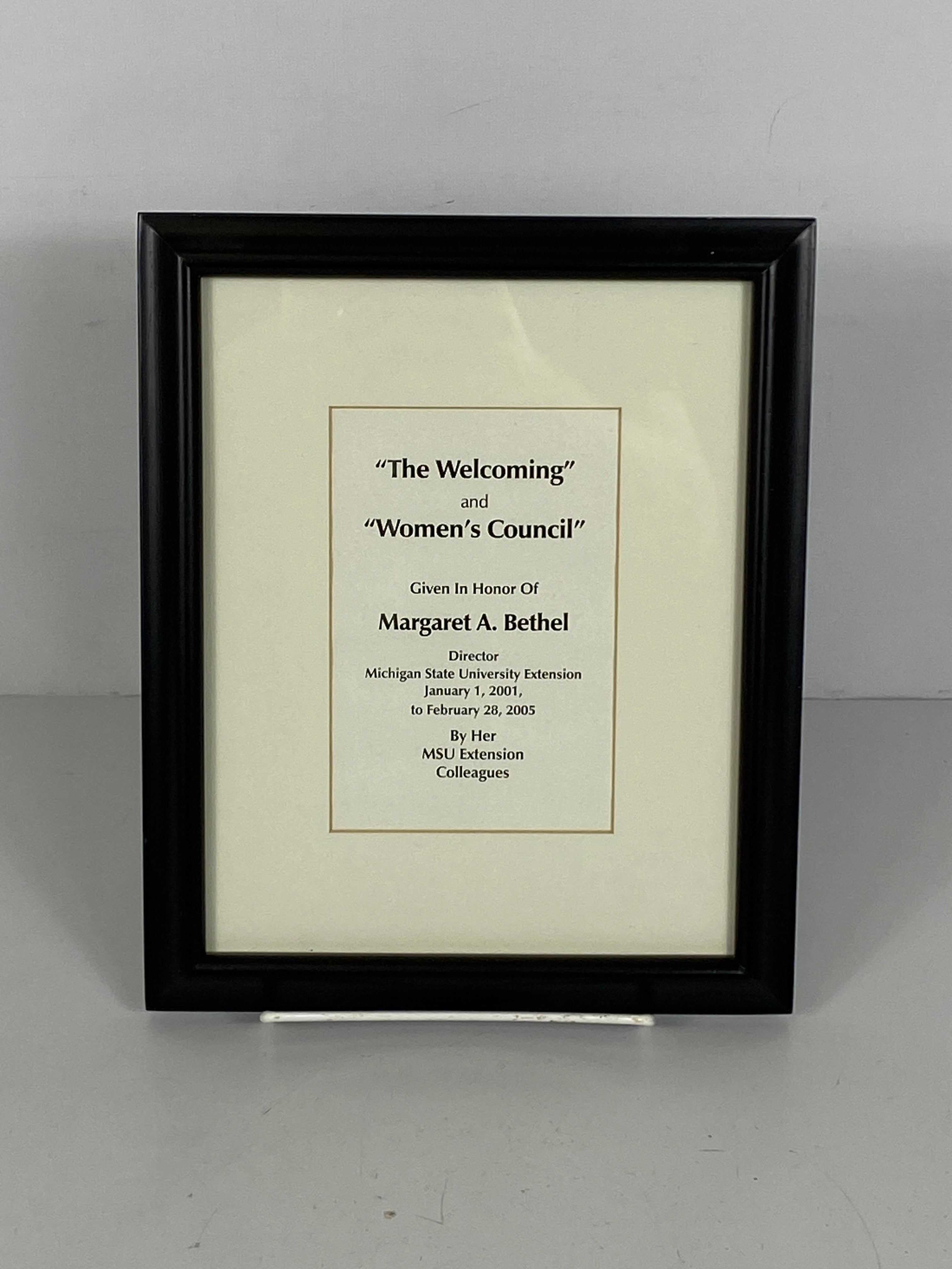 Framed MSU "The Welcoming" and "Women's Council" Award