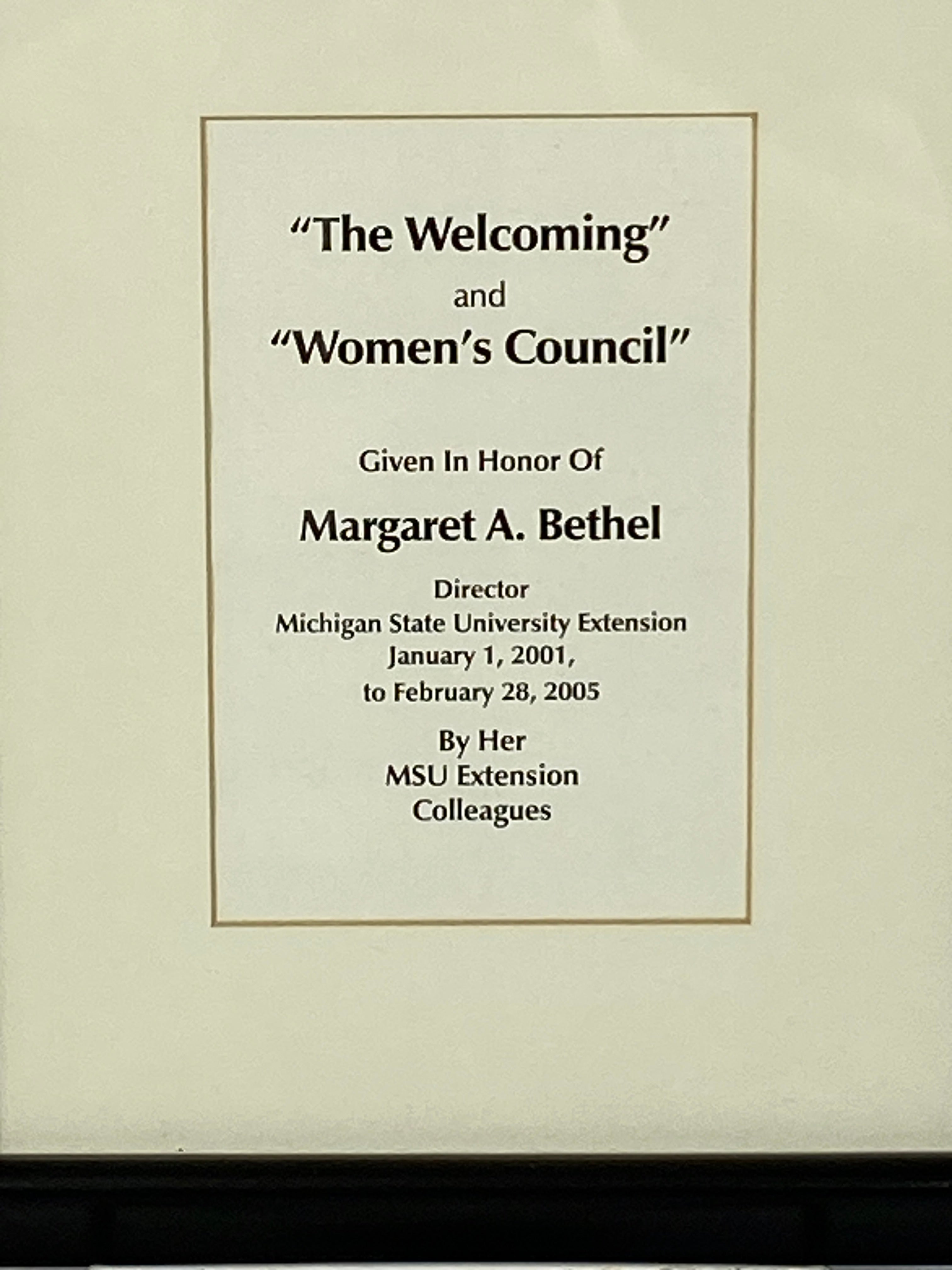 Framed MSU "The Welcoming" and "Women's Council" Award