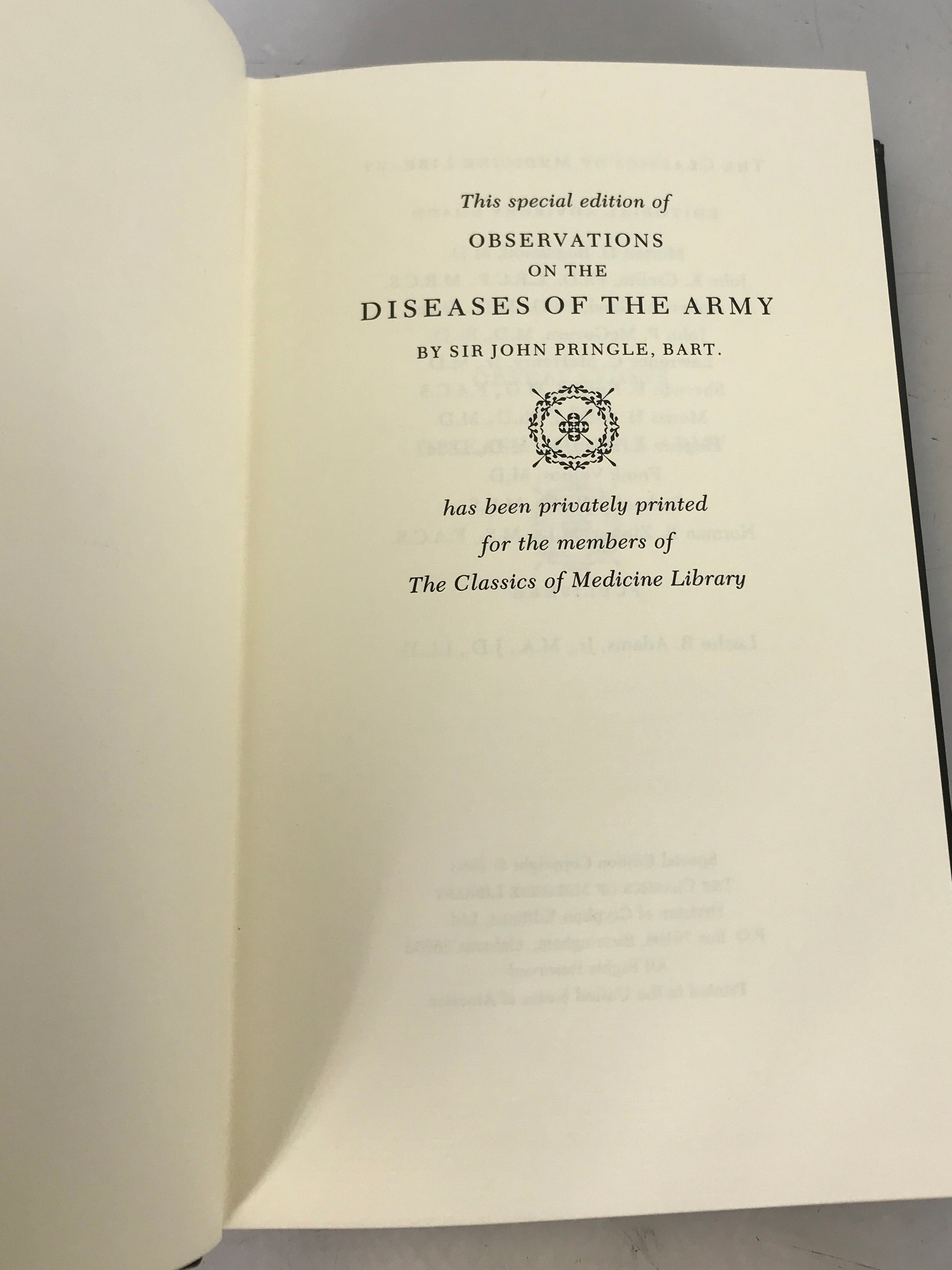 Diseases of the Army Sir John Pringle Classics of Medicine Library 1983