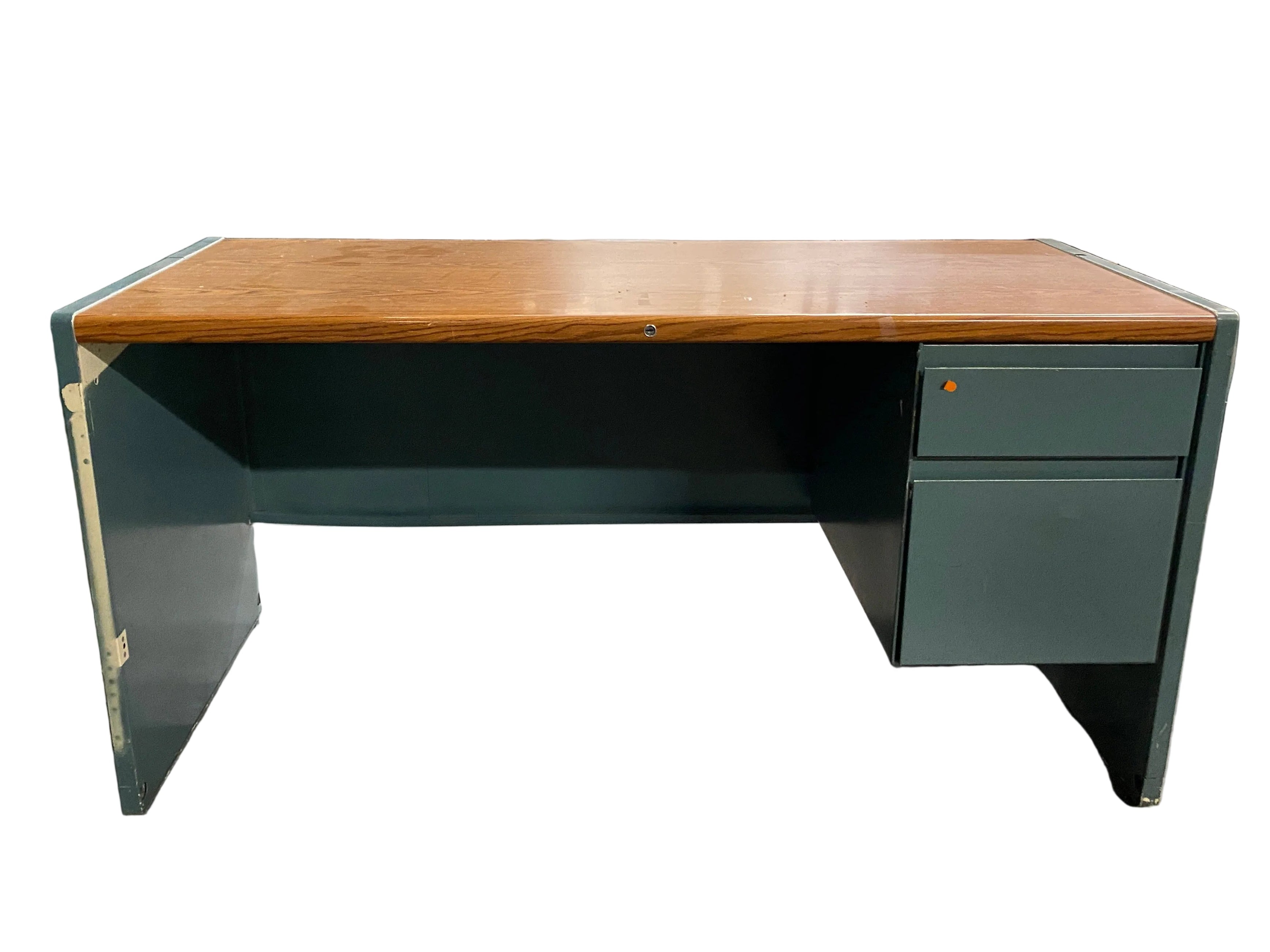 Blue Metal Desk Wooden Tabletop With Drawers