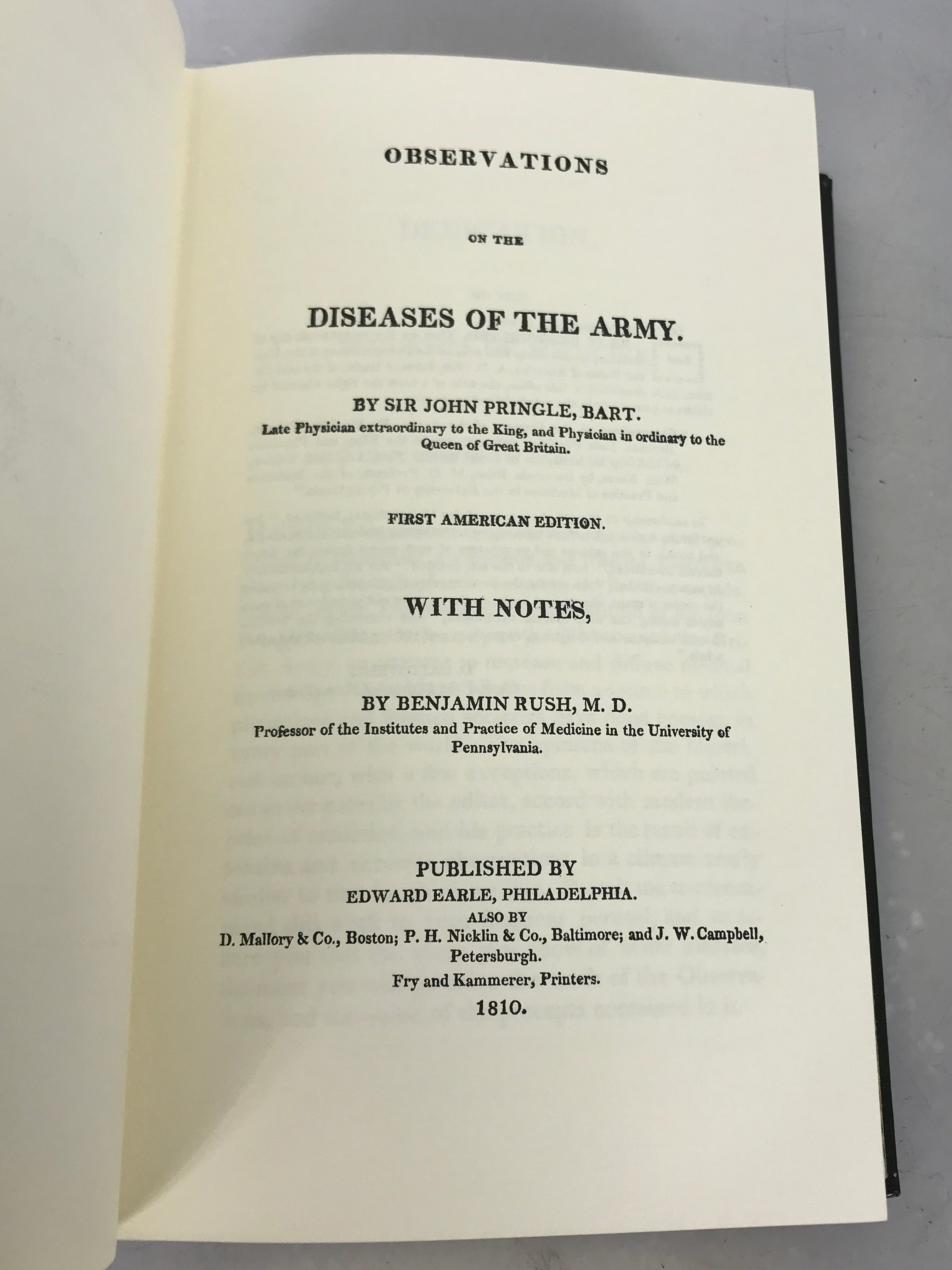 Diseases of the Army Sir John Pringle Classics of Medicine Library 1983