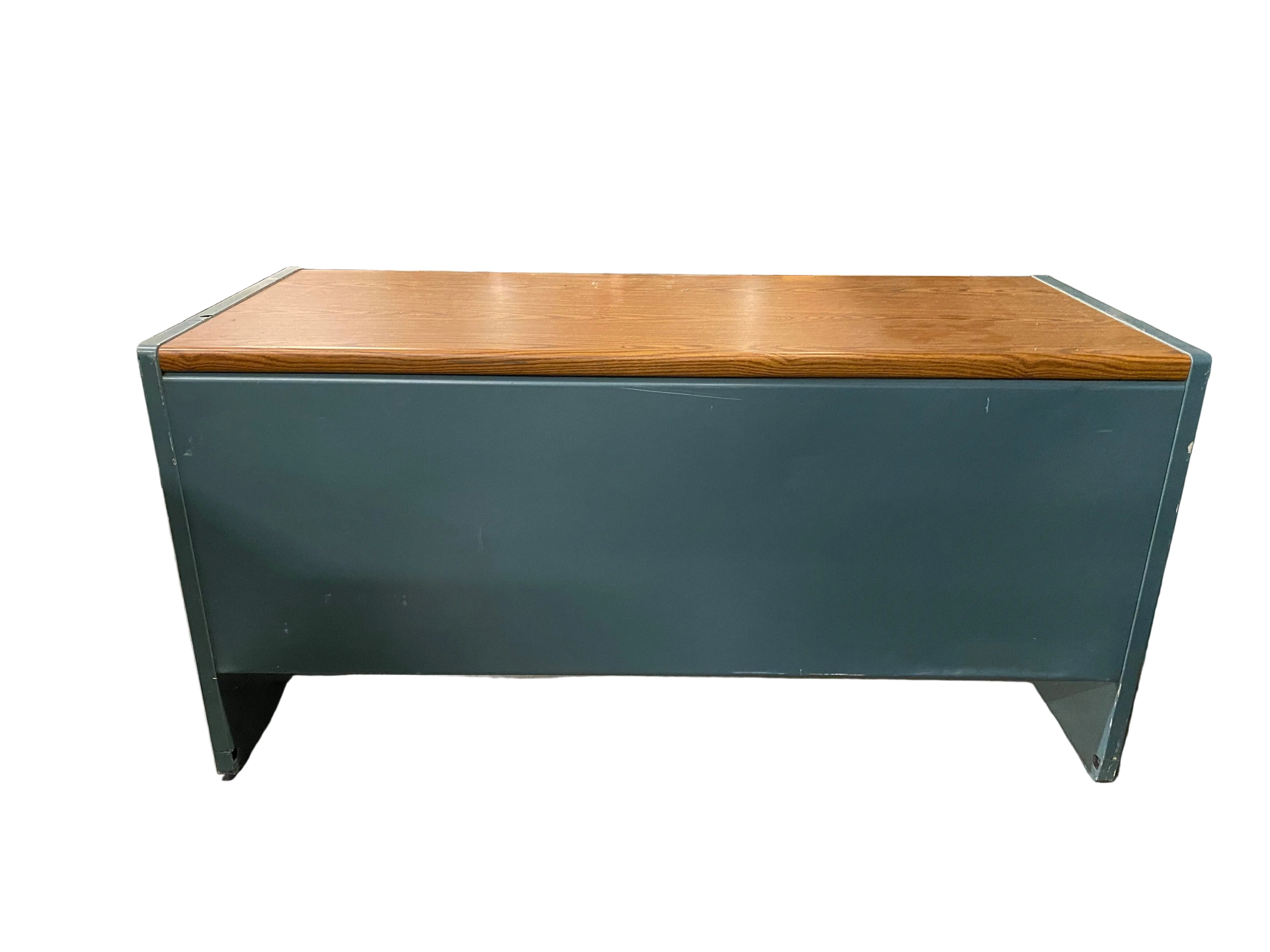 Blue Metal Desk Wooden Tabletop With Drawers