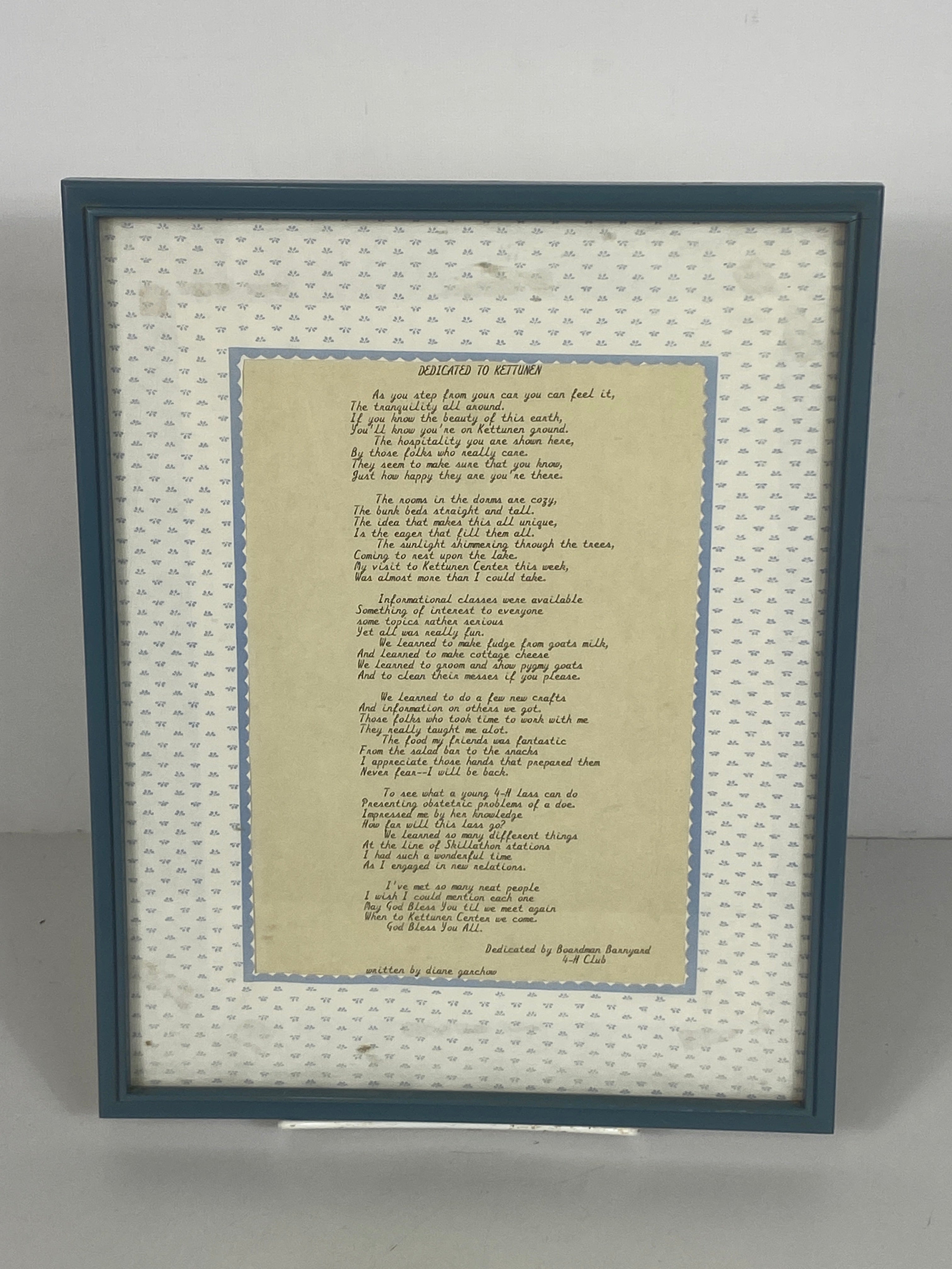 Framed Poem "Dedicated to Kettunen" by Diane Garchow