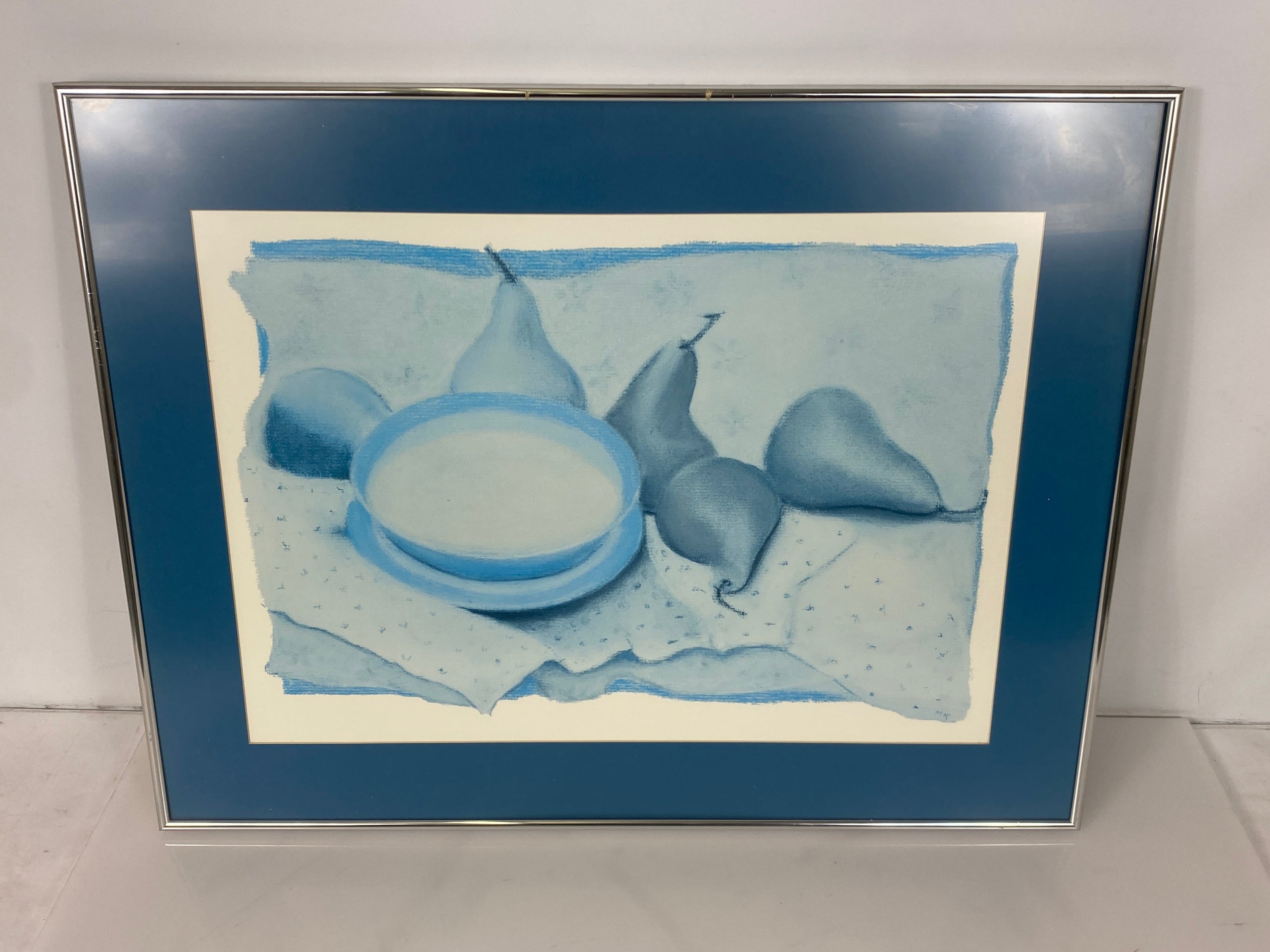 "Pears and Bowl" Blue Colored Print w/ Silver Frame