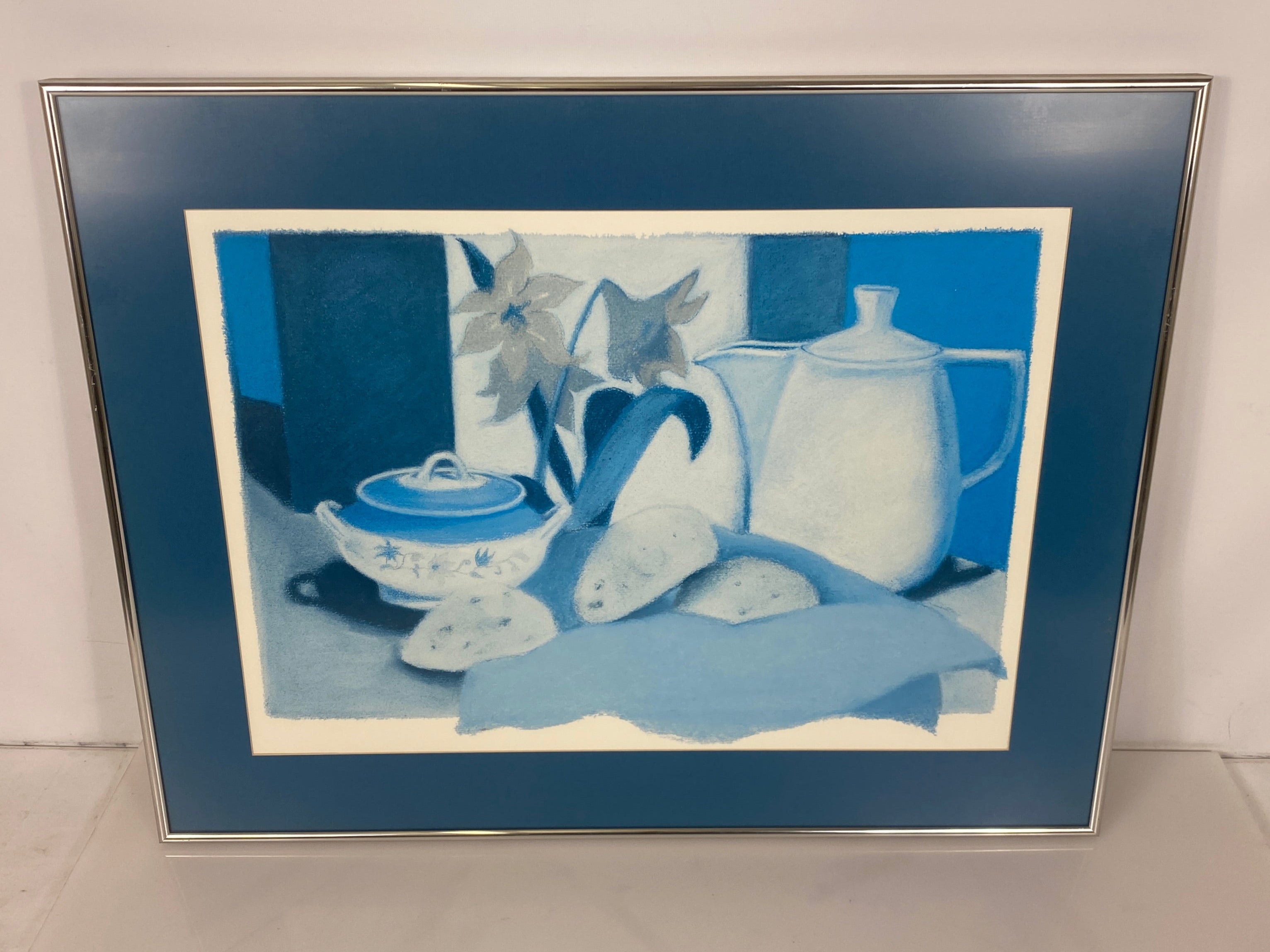 "Tea Pot with Bread" Blue Colored Print w/ Silver Frame