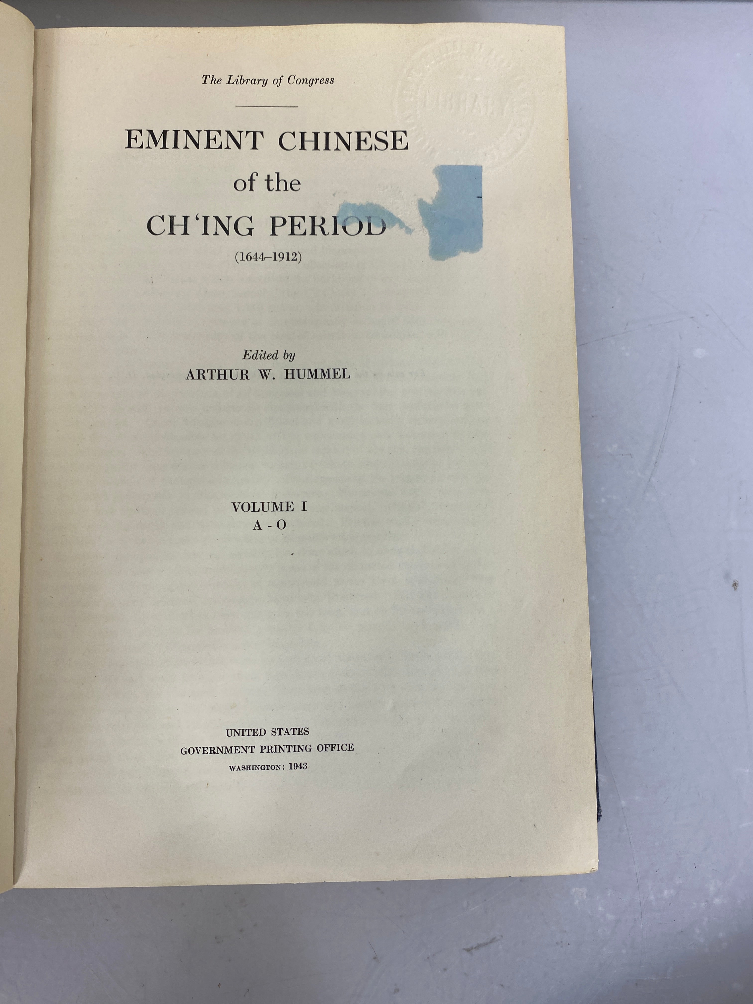 Eminent Chinese of the Ch'Ing Period (1644-1912) 2 Vol Set 1943 HC