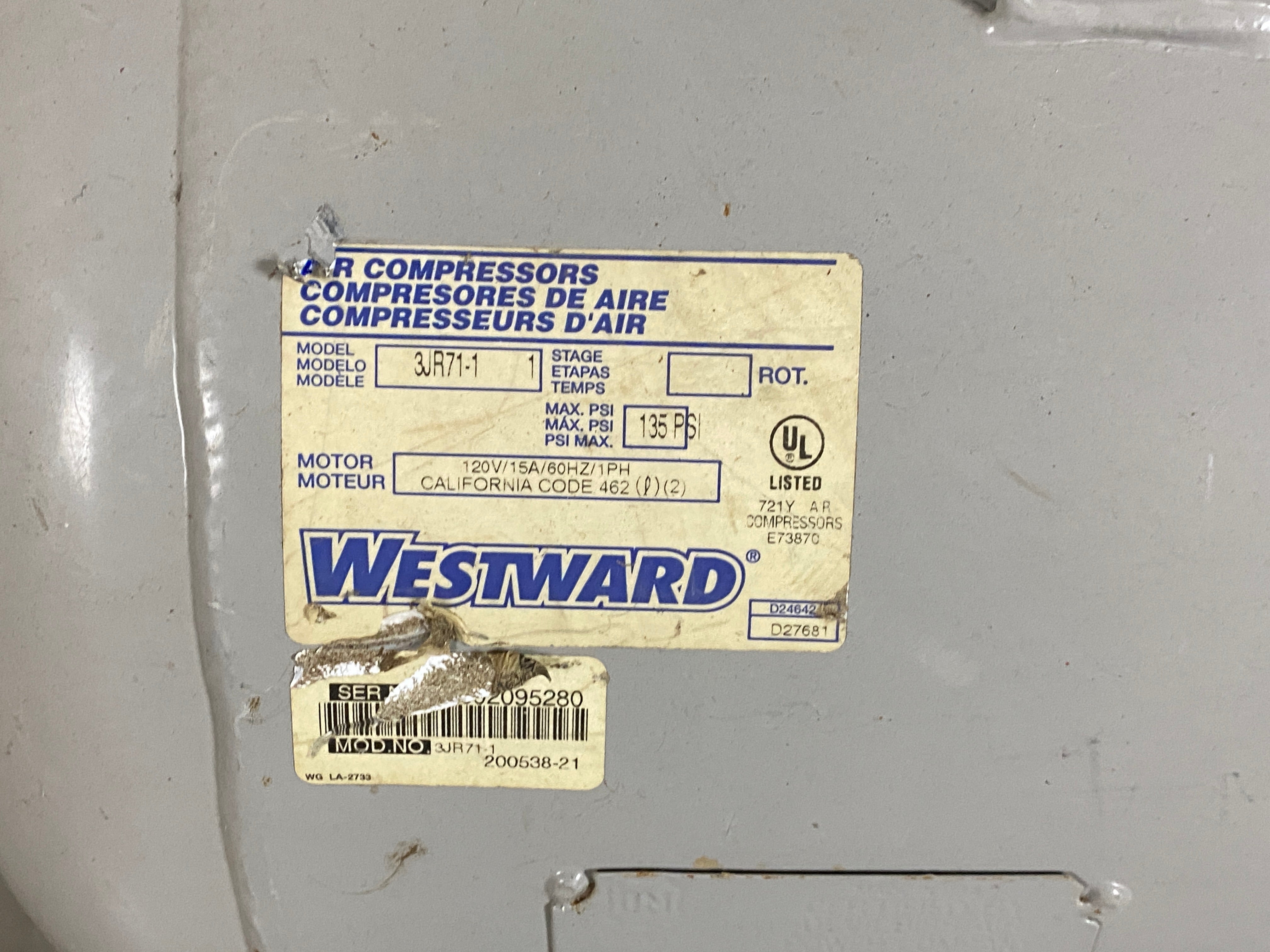 Westward 20 Gallon Air Compressor