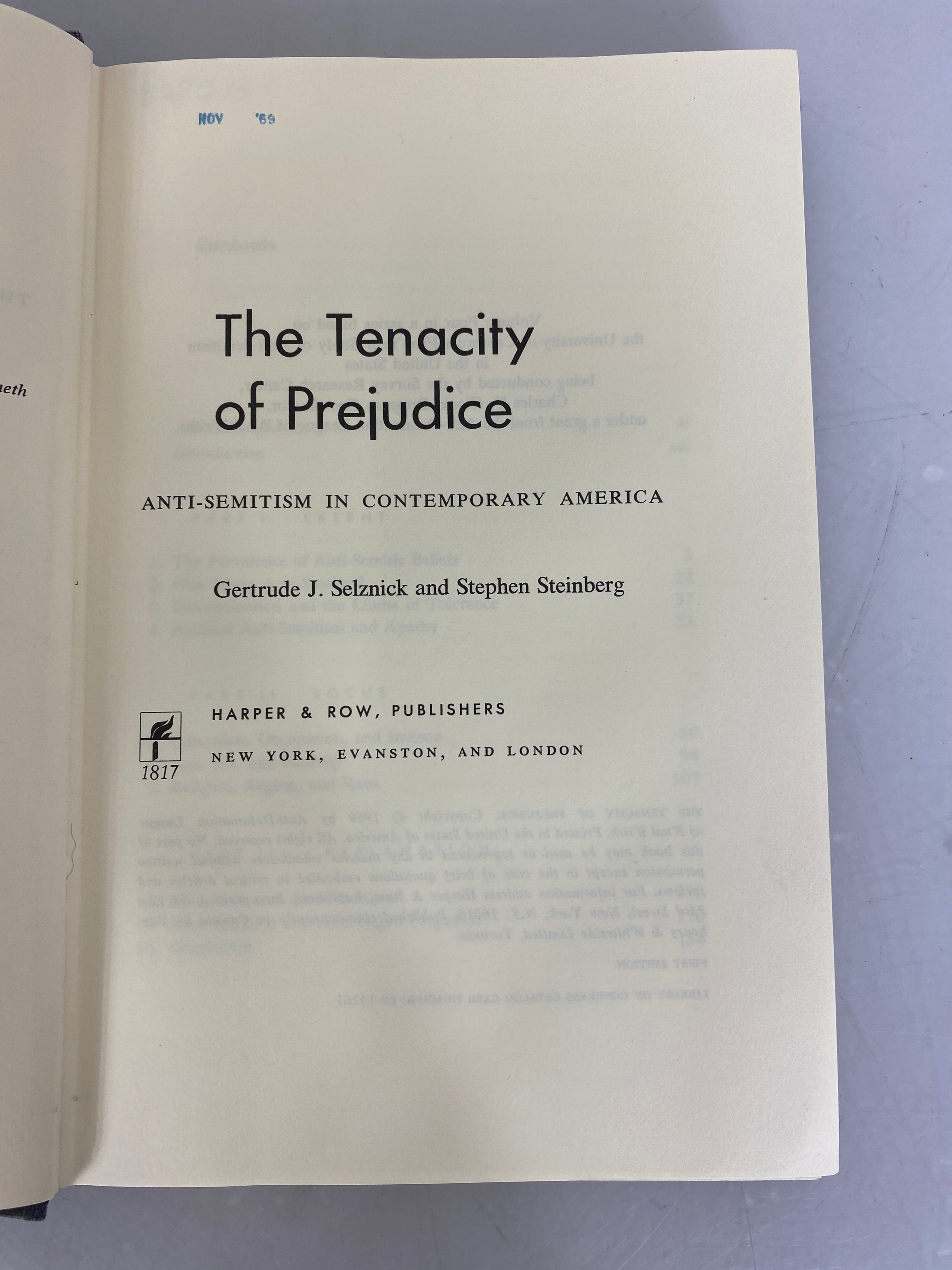The Tenacity of Prejudice by Selznick and Steinberg  1969 First Edition HC