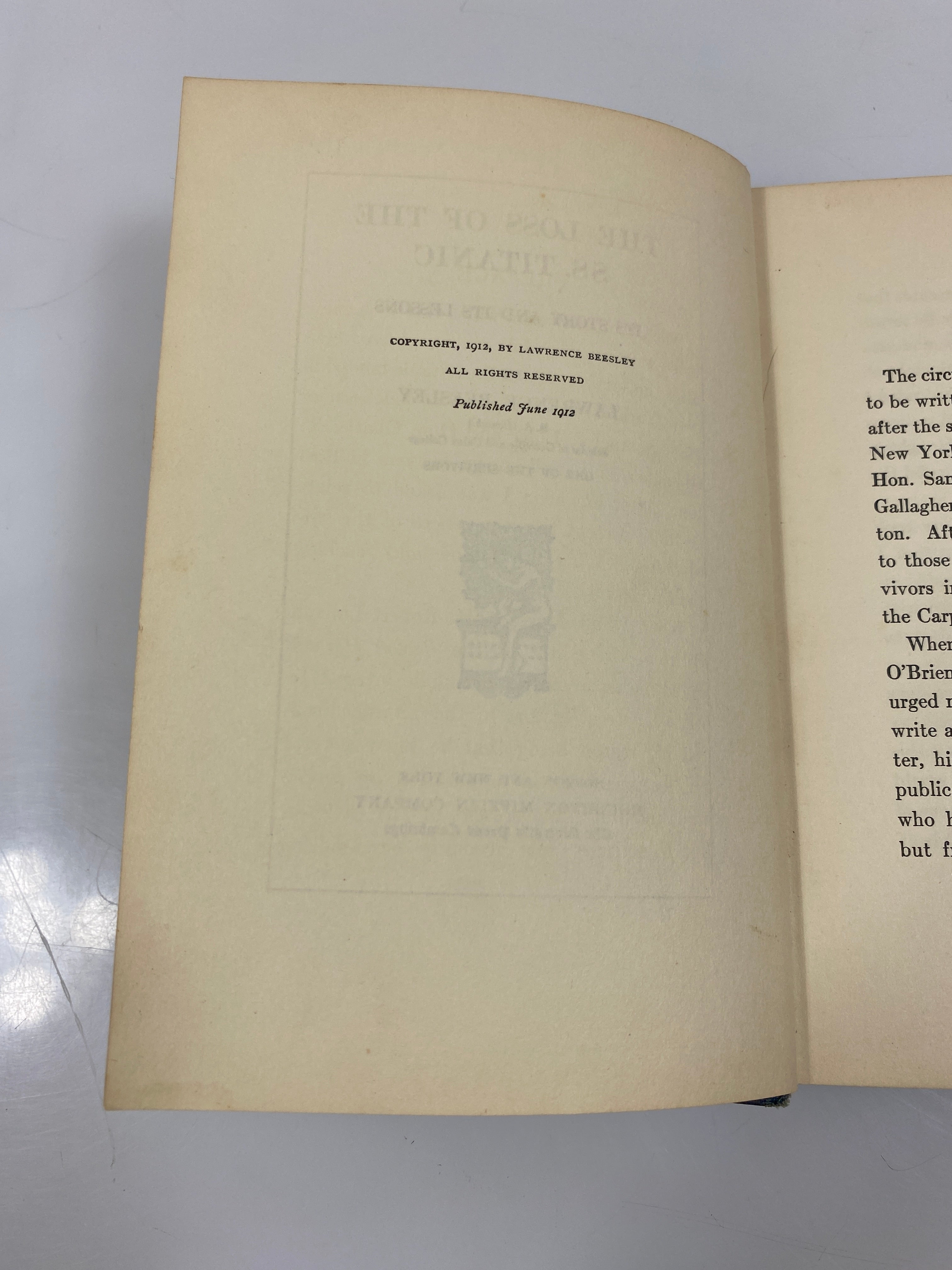 The Loss of the SS. Titanic by Beesley 1912 HC