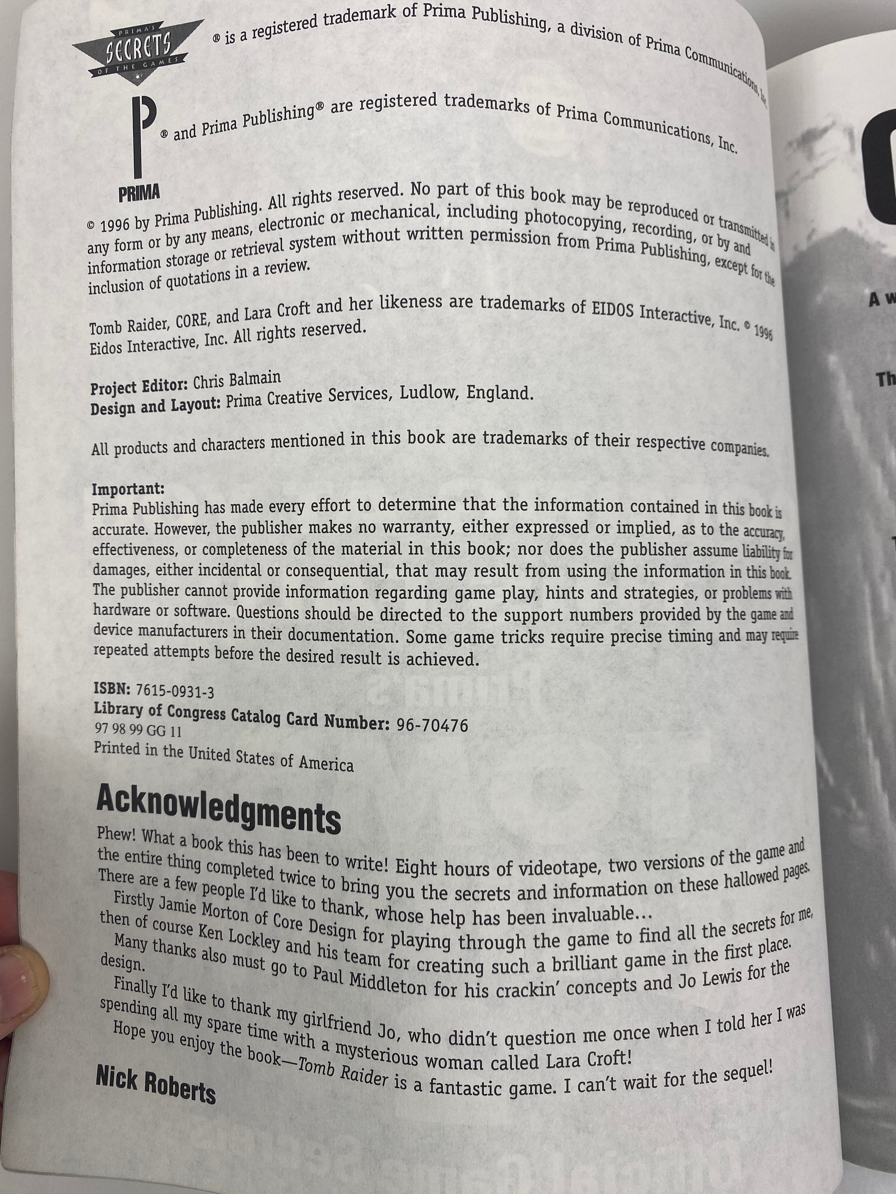 Prima Tomb Raider Game Secrets Strategy Guide 1996