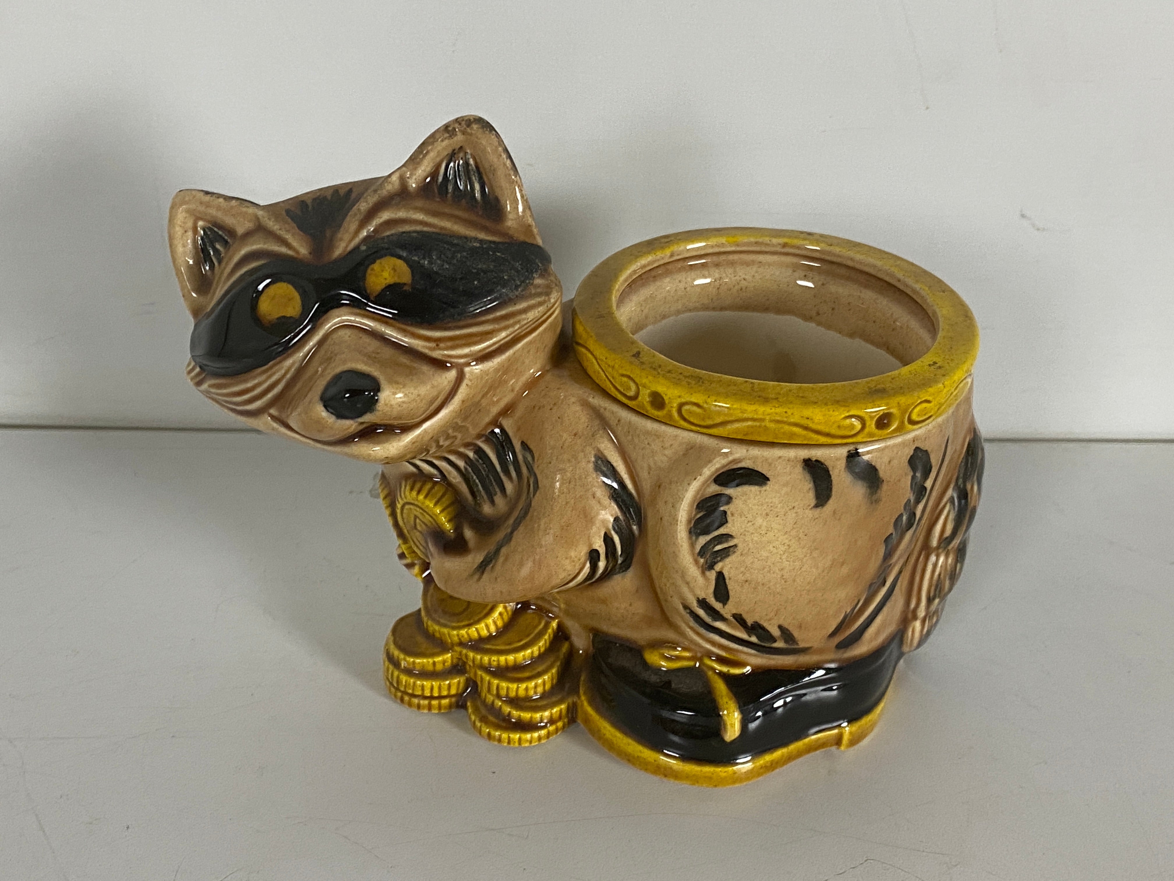 Vintage Racoon Masked Bandit Ceramic Planter With Insert