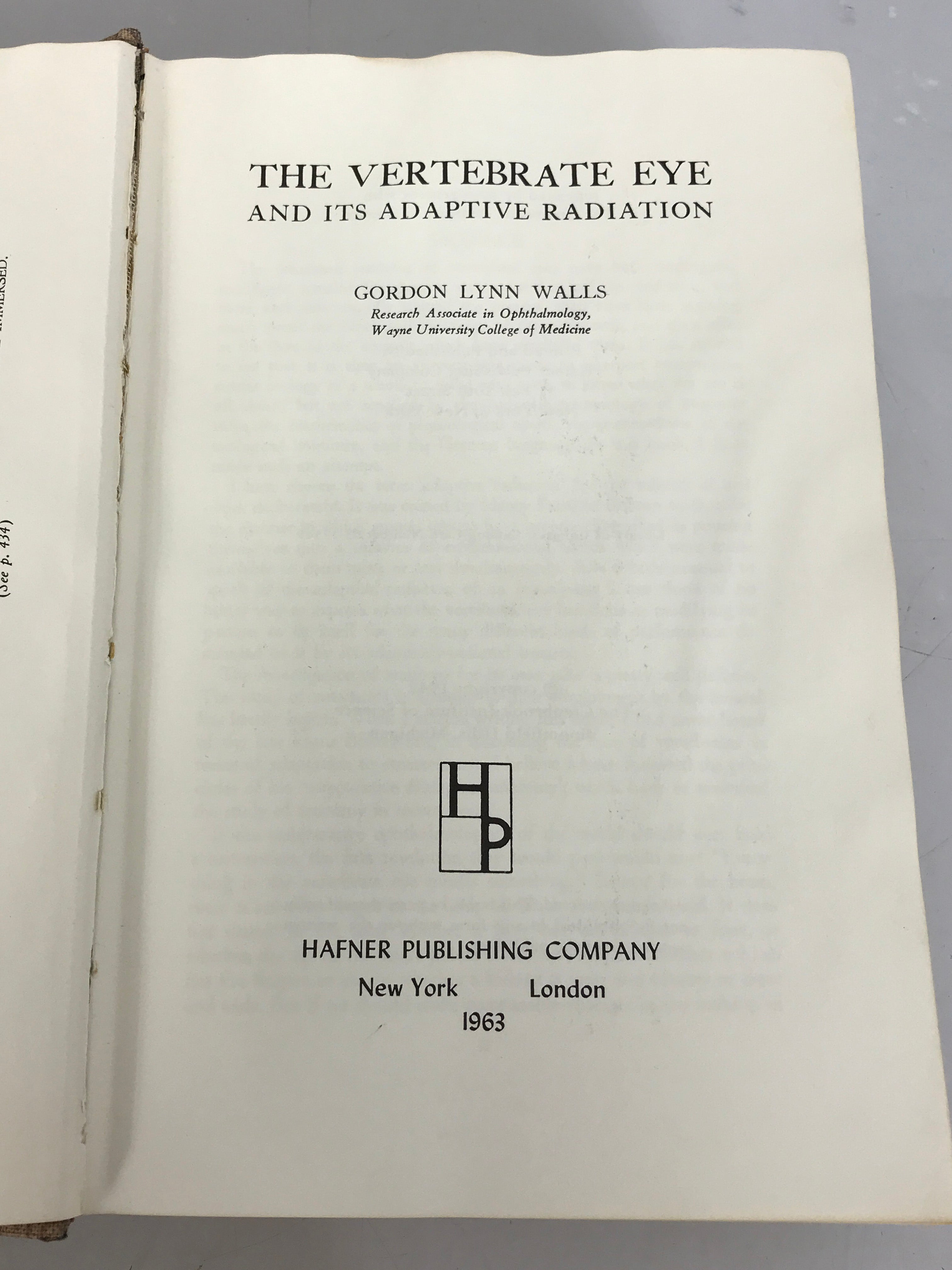 The Vertebrate Eye and Its Adaptive Radiation by Gordon Lynn Walls 1963 HC